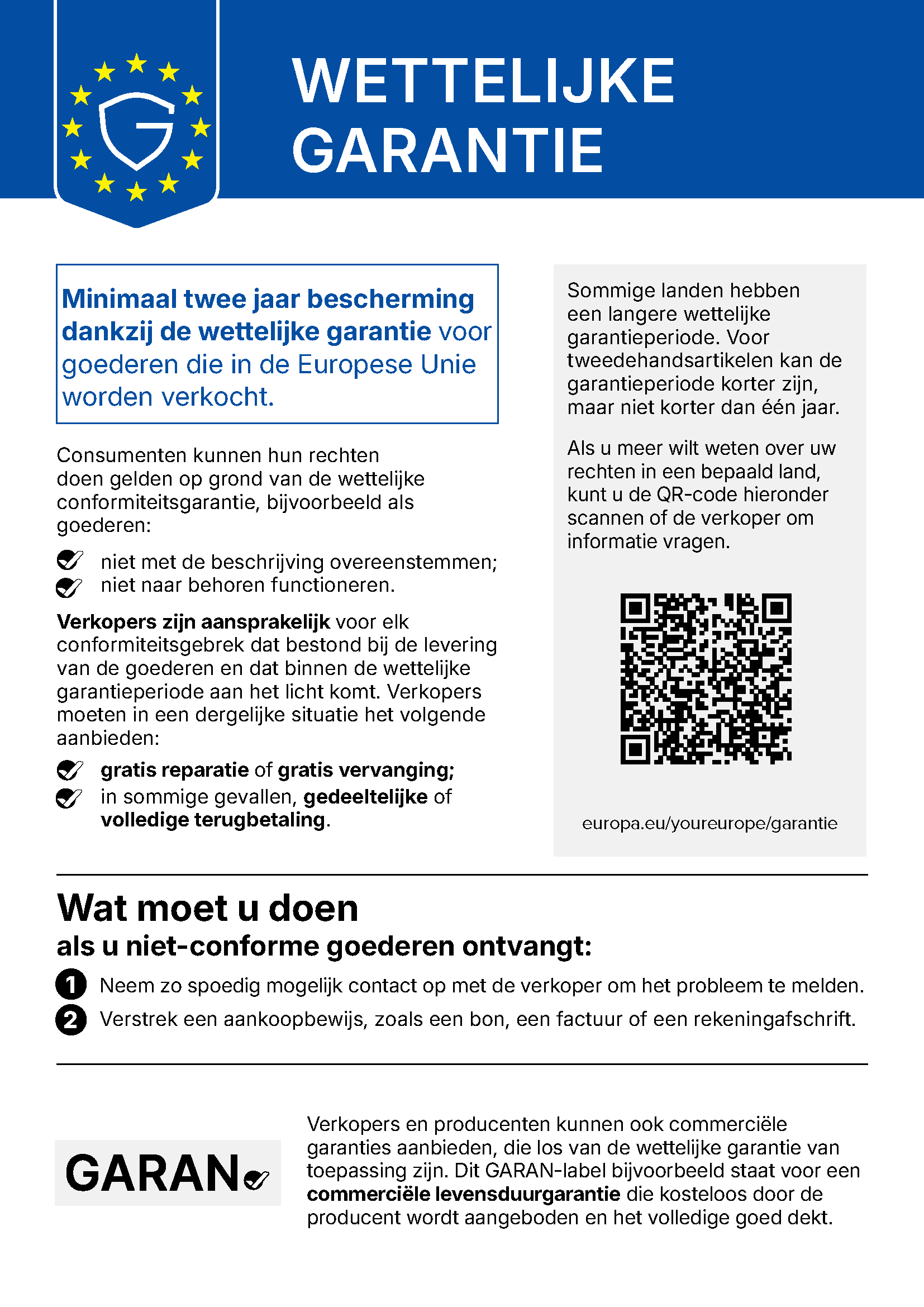 Amtlicher EU-Hinweis zur gesetzlichen Gewährleistung: Mindestens zwei Jahre gesetzliche Gewährleistung für in der Europäischen Union verkaufte Waren