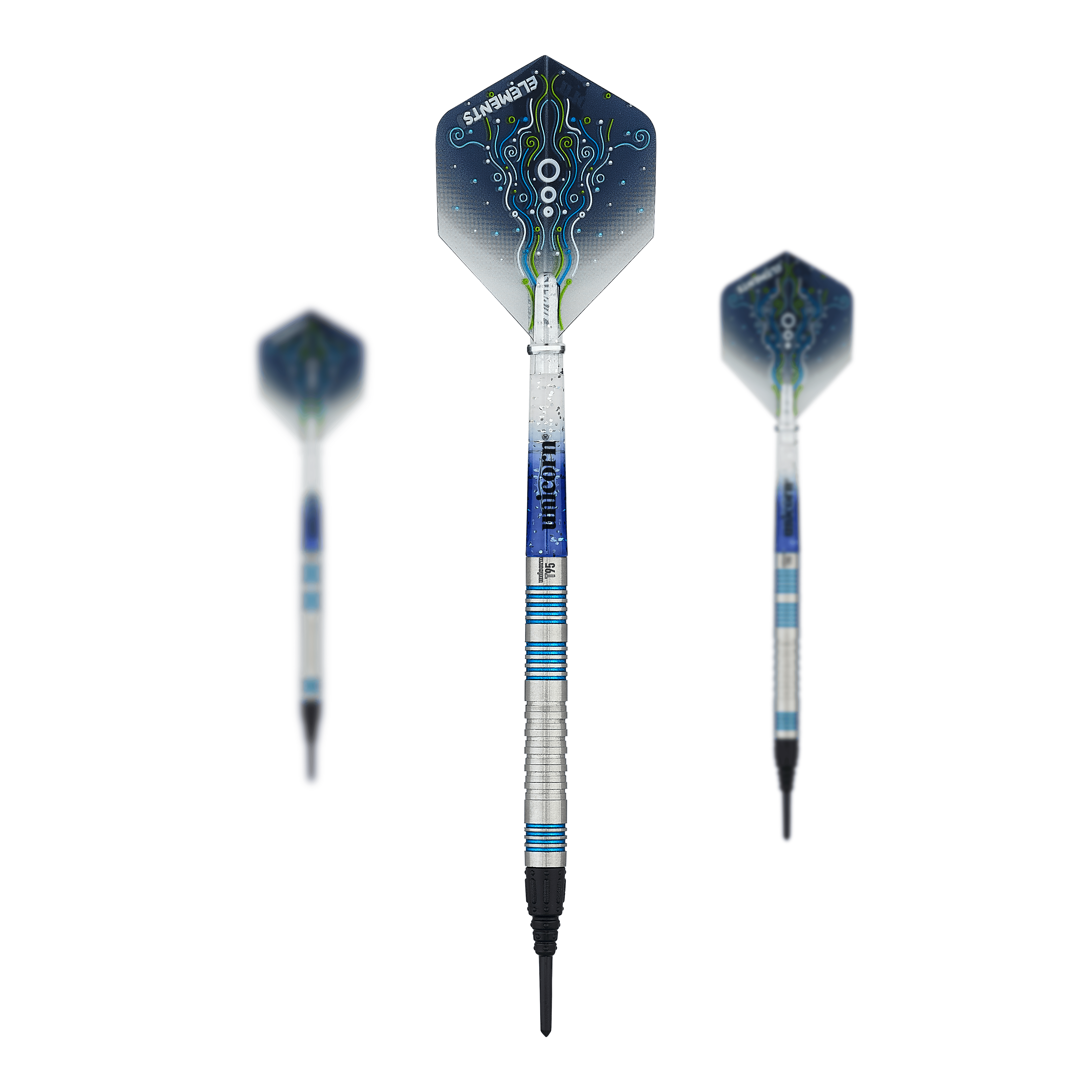 Unicorn T95 Core XL Blauwe zachte darts Das Bild zeigt drei Softdarts des Modells "Unicorn T95 Core XL Blue". Die Darts haben silberne Schäfte mit blauen Akzenten und blaue Flights mit einem abstrakten Muster.