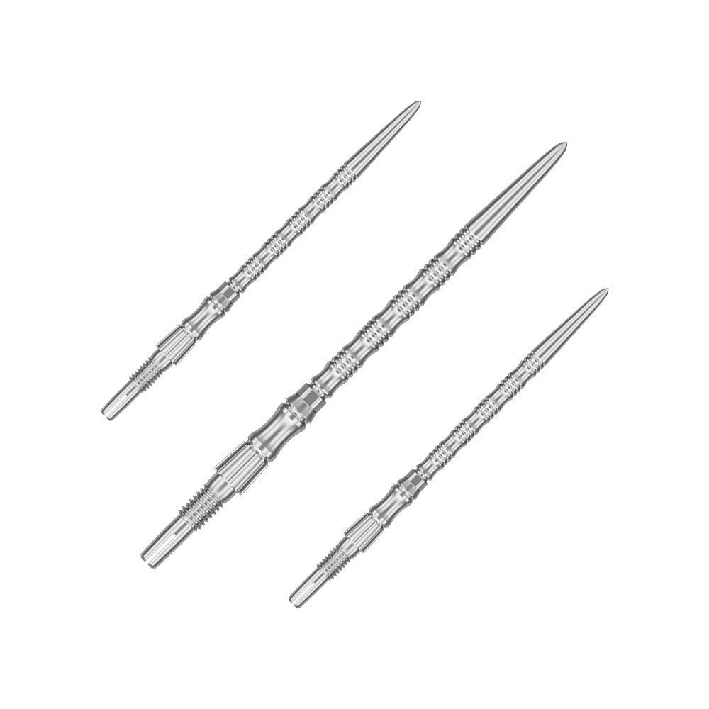 Target Signature Swiss Point TRB stalen dartpunten - zilver Das Bild zeigt ein Set silberner Dartspitzen mit einer Länge von 42 mm. Es handelt sich um Target SwissPoint Signature TRB Dartspitzen.