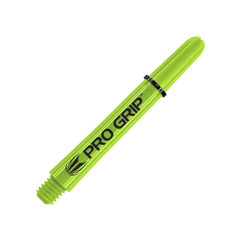 Target Pro Grip Shafts - 3 sets - Limoengroen Das Bild zeigt einen limegrünen Dart-Schaft mit der Aufschrift "PRO GRIP". Der Hintergrund ist passend in derselben Farbe gestaltet.
