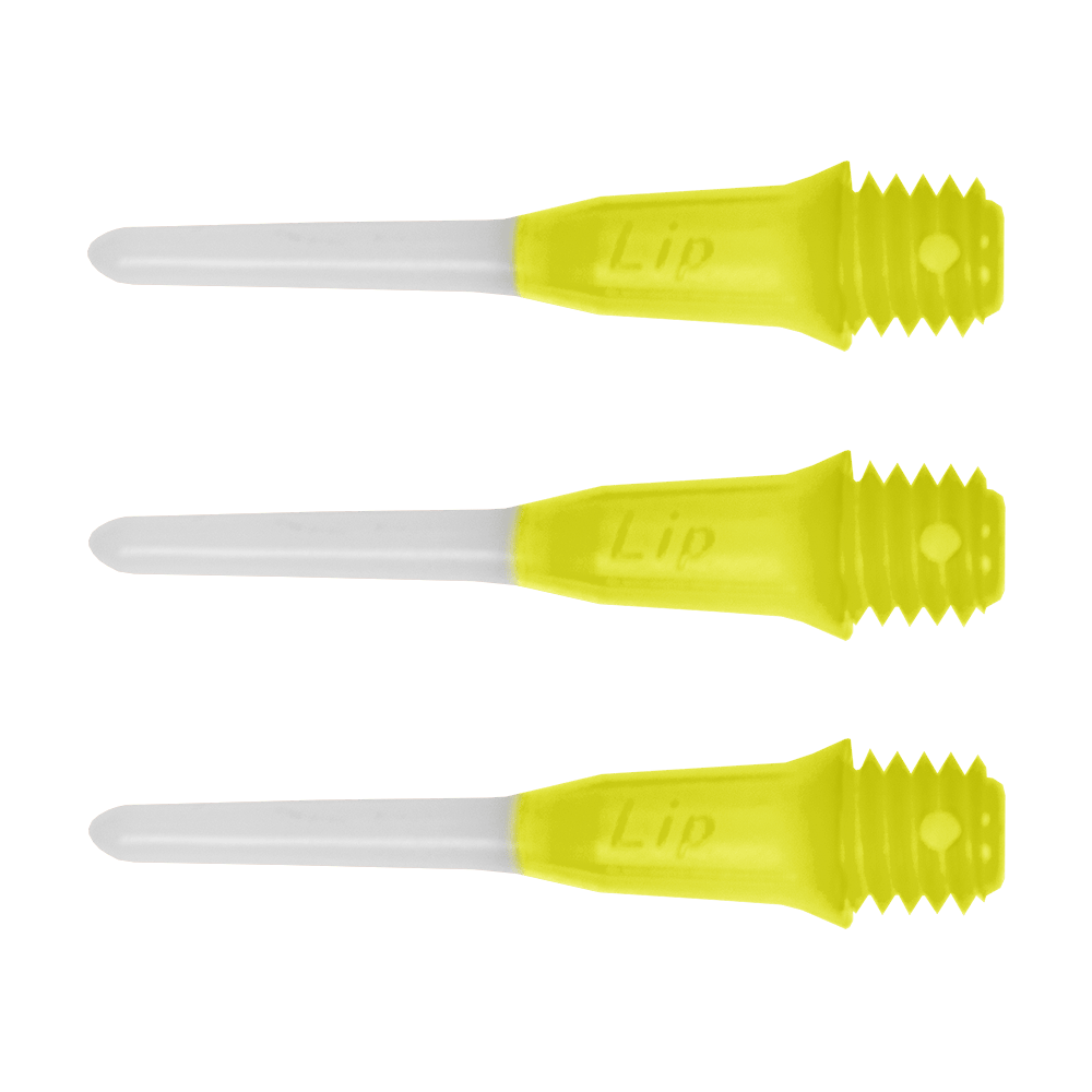 LIP36_L-Style_Two_Tone_Short_Lippoints_Gelb_-30er_Pack Auf dem Bild sind drei kurze, zweifarbige Dartspitzen der Marke L-Style zu sehen. Die Spitzen sind weiß mit gelbem Gewinde und tragen die Aufschrift "Lip".