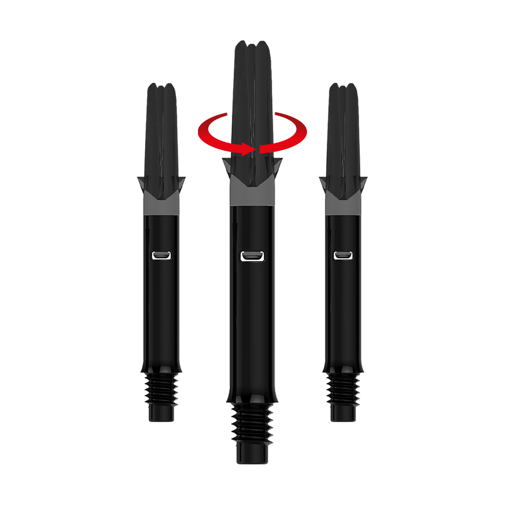 Das Bild zeigt drei schwarze Dartshafts ohne Kappen. Über dem mittleren Shaft befindet sich ein roter Pfeil, der eine Drehbewegung anzeigt.
