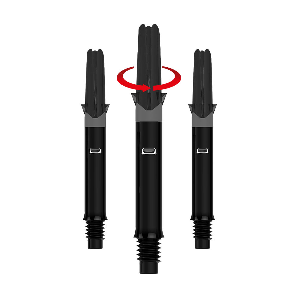 L-L-Style-Shafts Silent Straight - Zwart Das Bild zeigt drei schwarze Dartshafts ohne Kappen. Über dem mittleren Shaft befindet sich ein roter Pfeil, der eine Drehbewegung anzeigt.
