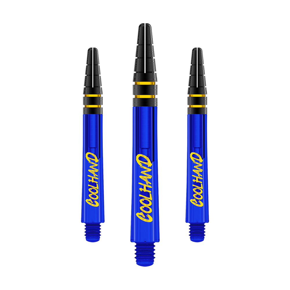 Red Dragon Nitrotech Luke Humphries Coolhand Shafts - Blauw Auf dem Bild sind drei blaue Dartshafts mit der gelben Aufschrift „COOLHAND“ zu sehen. Die oberen Enden der Shafts sind schwarz mit goldenen Ringen verziert.