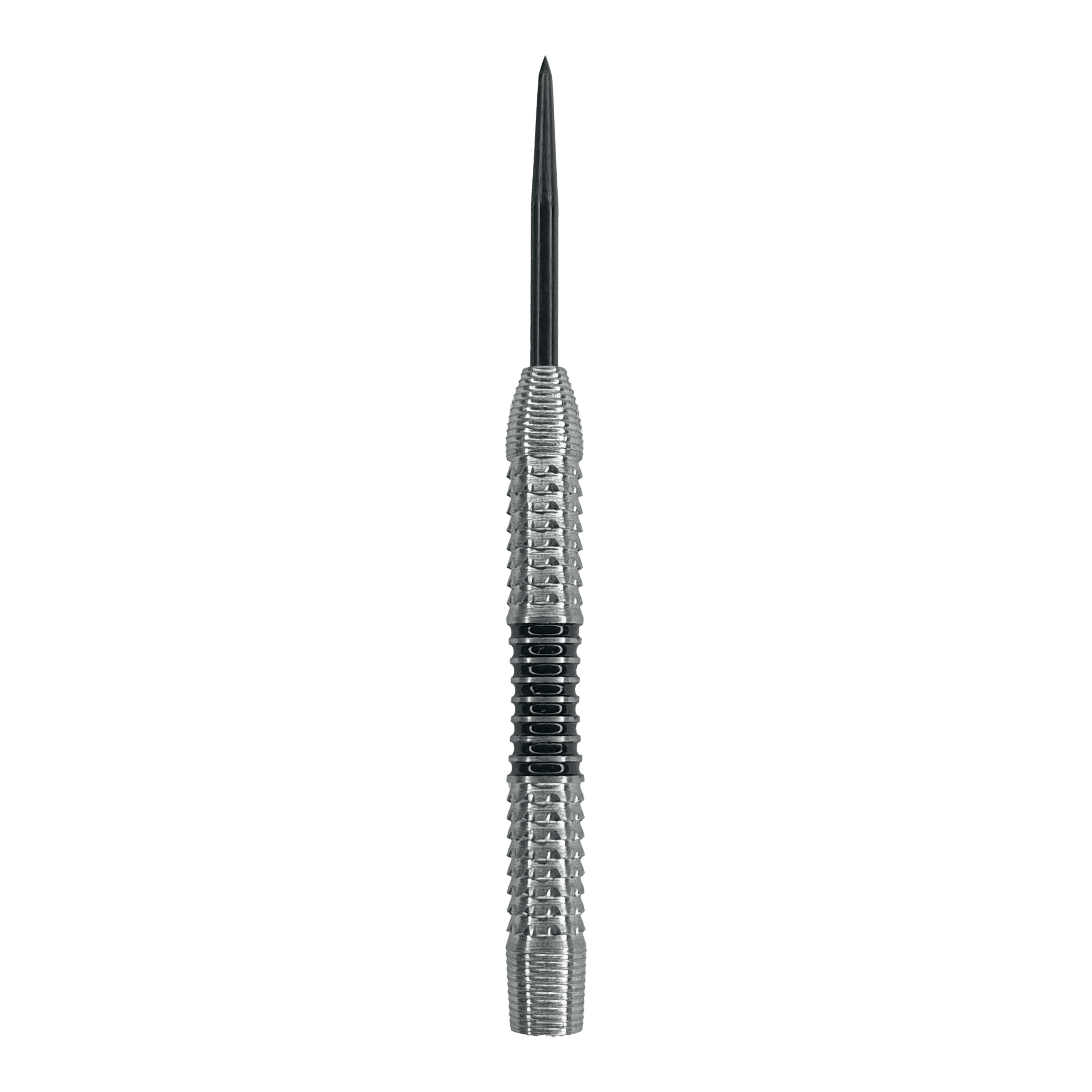 McDart Black Stripe 2 stalen dartvaten - 22g Das Bild zeigt einen silbernen Steeldart-Barrel mit einer schwarzen Griffzone in der Mitte. Es handelt sich um das Produkt "McDart Black Stripe 2 Steeldart-Barrels - 22g".