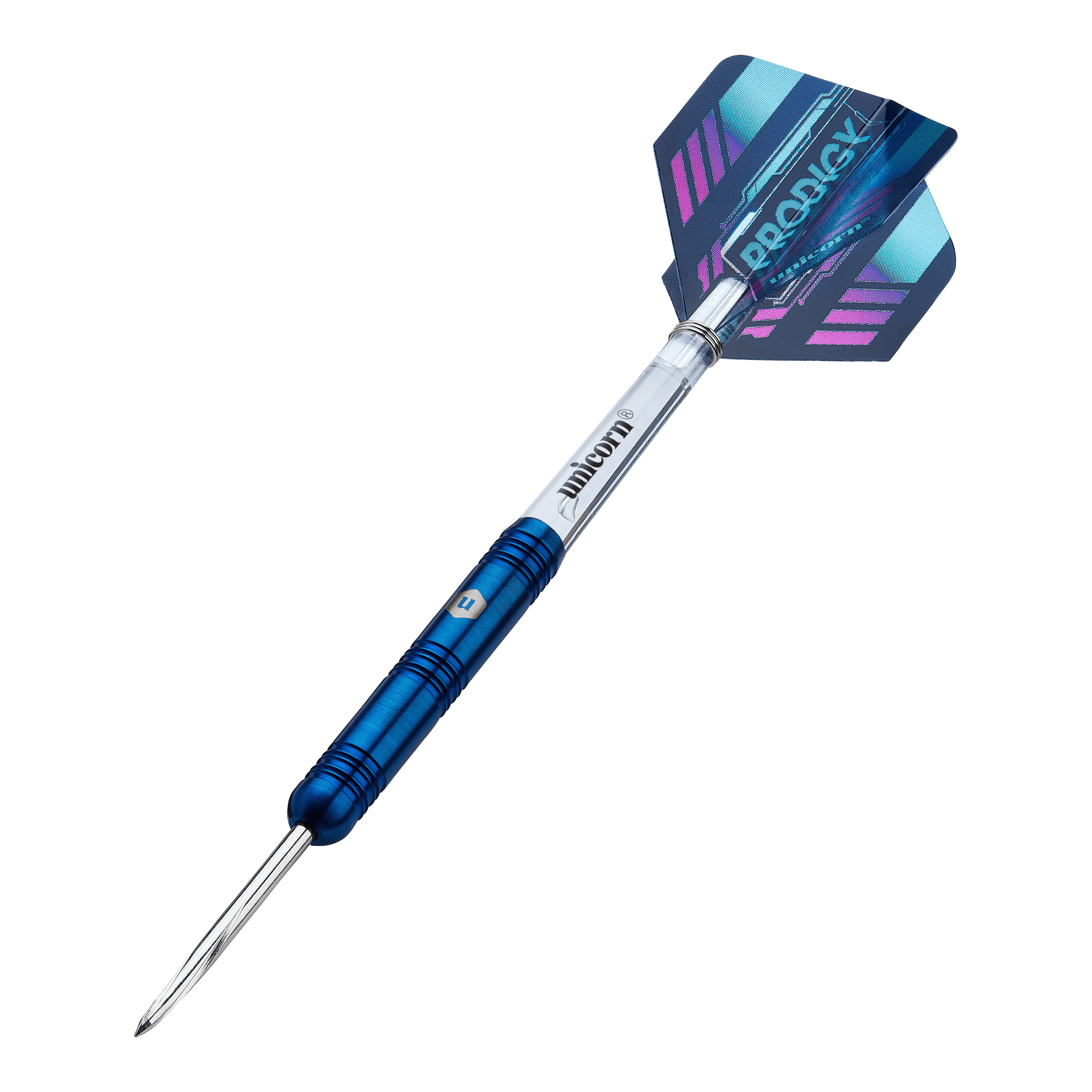 Dieses Bild zeigt einen Unicorn Prodigy 01 Parallel Steeldart. Der Dartpfeil hat einen blauen Schaft und eine bunte Flight mit dem Aufdruck "Prodigy".
