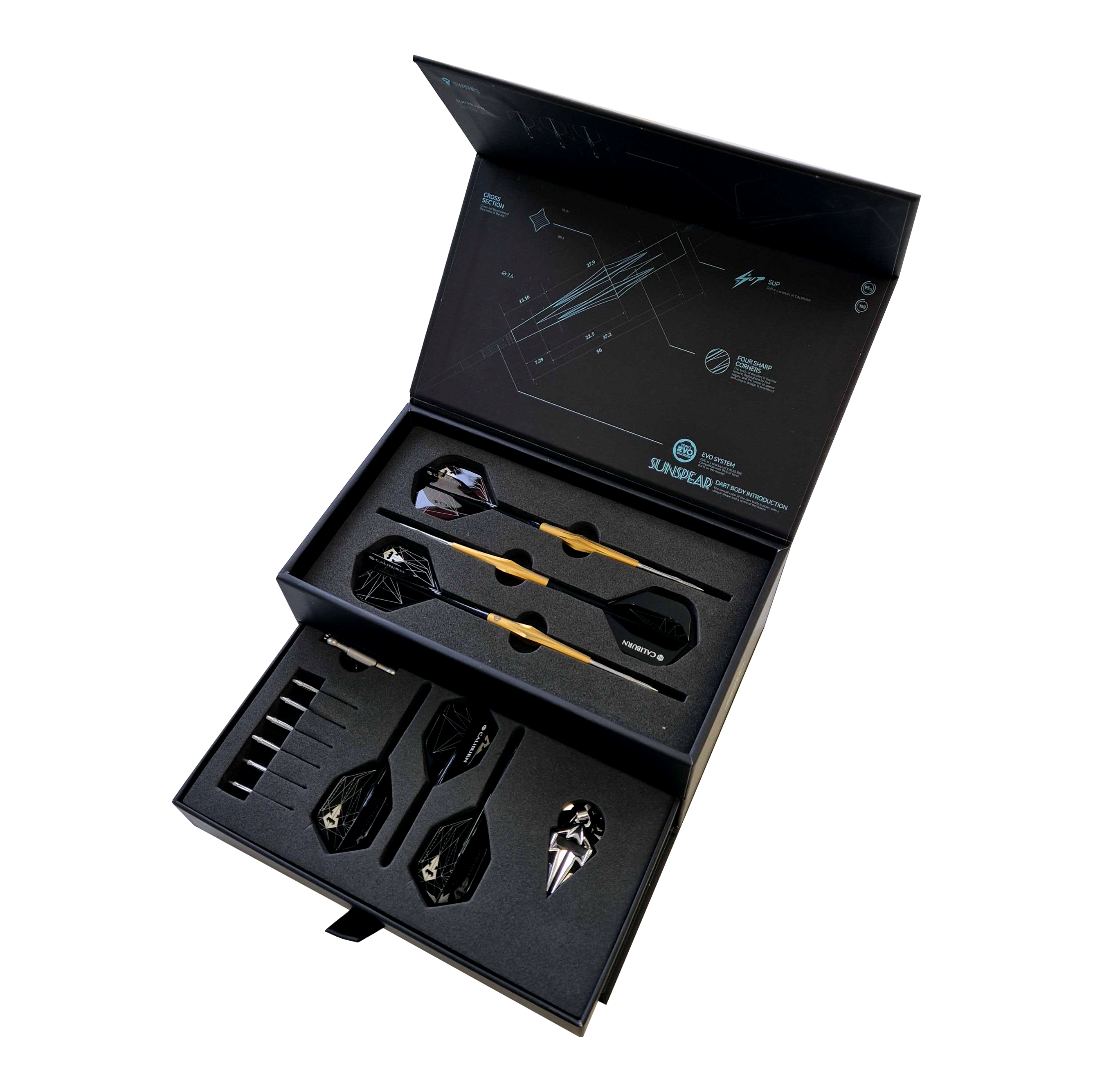 Abgebildet ist Caliburn Starships Series Sunspear Steeldarts - 19g. Das Produkt zeigt einen Satz hochwertiger Steeldarts.