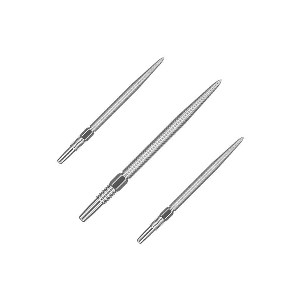 Target Swiss Point Nano Dartpunten - Zilver Das Bild zeigt drei silberne Dartspitzen in einer Reihe. Jede Spitze ist schlank und hat ein feines Gewinde am unteren Ende.