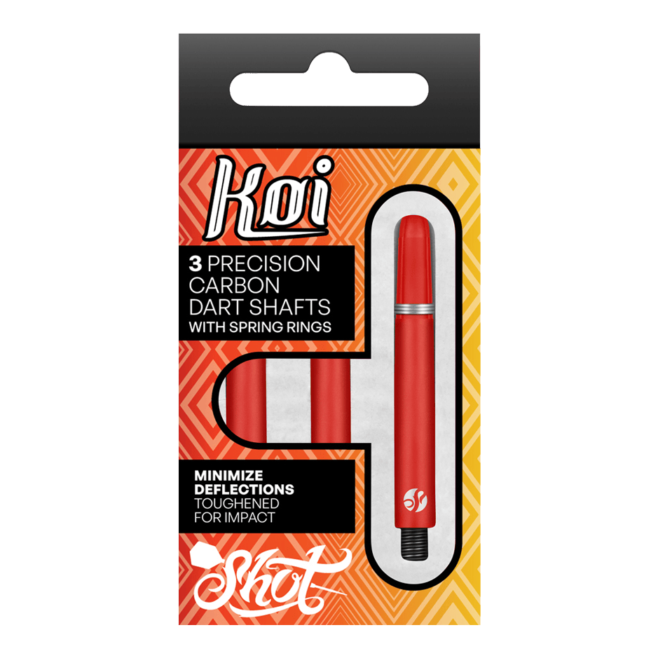 Shot Koi Carbon Shafts - Rood Die Verpackung zeigt drei präzise Koi Carbon-Dartschäfte in Rot. Sie sind für minimale Ablenkung und hohe Schlagfestigkeit ausgelegt.