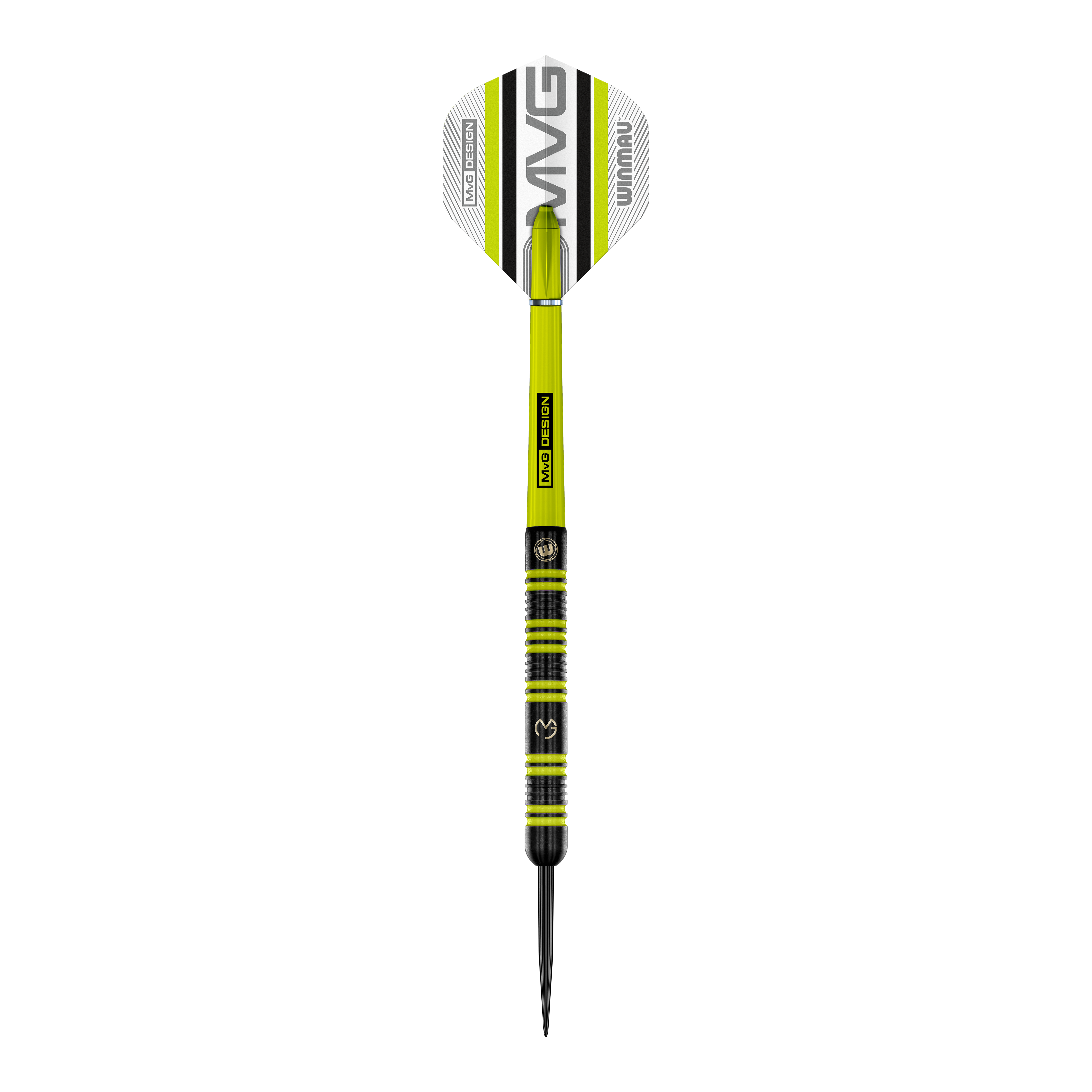 Winmau Michael Van Gerwen 85 Pro-Series stalen dartpijlen Auf dem Bild ist ein Winmau Michael Van Gerwen 85 Pro-Series Steeldart zu sehen. Der Dart hat ein modernes Design mit grünen und schwarzen Akzenten sowie der Aufschrift „MVG DESIGN“ auf dem Schaft.