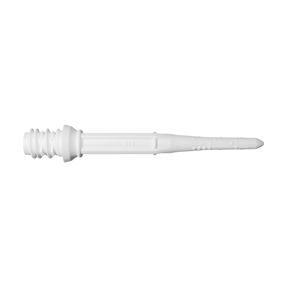LIP43_L-Style_Premium_Lippoints_30_Softdartspitzen_30erPack_Weiss_2 Das Bild zeigt eine weiße Softdartspitze. Sie hat ein Gewinde am Ende und eine glatte, leicht strukturierte Oberfläche.
