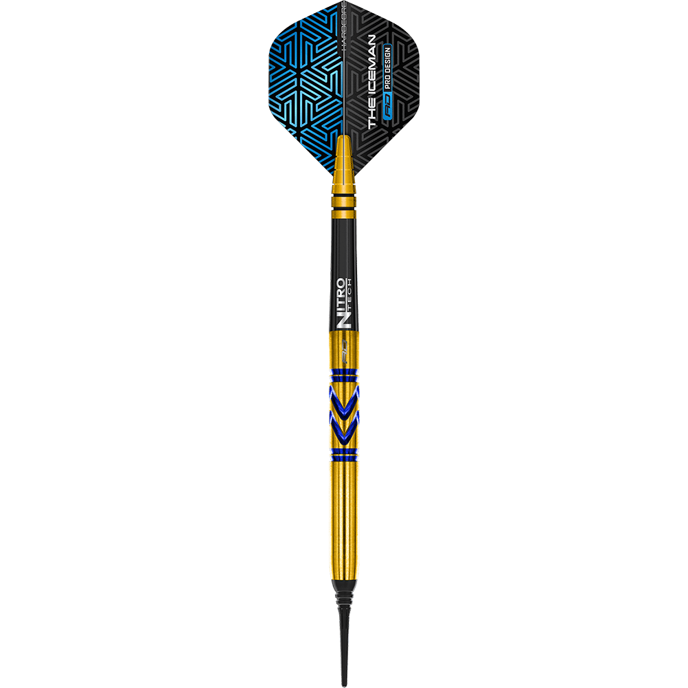 RD2546_Red_Dragon_Gerwyn_Price_Avalanche_Gold_Softdarts_1r7BTvDsxJXdL1 Der Red Dragon Gerwyn Price Avalanche Gold Softdart wiegt 20 Gramm und hat ein gold-blaues Design. Die Flights sind schwarz-blau gemustert und mit dem Schriftzug "The Iceman" bedruckt.
