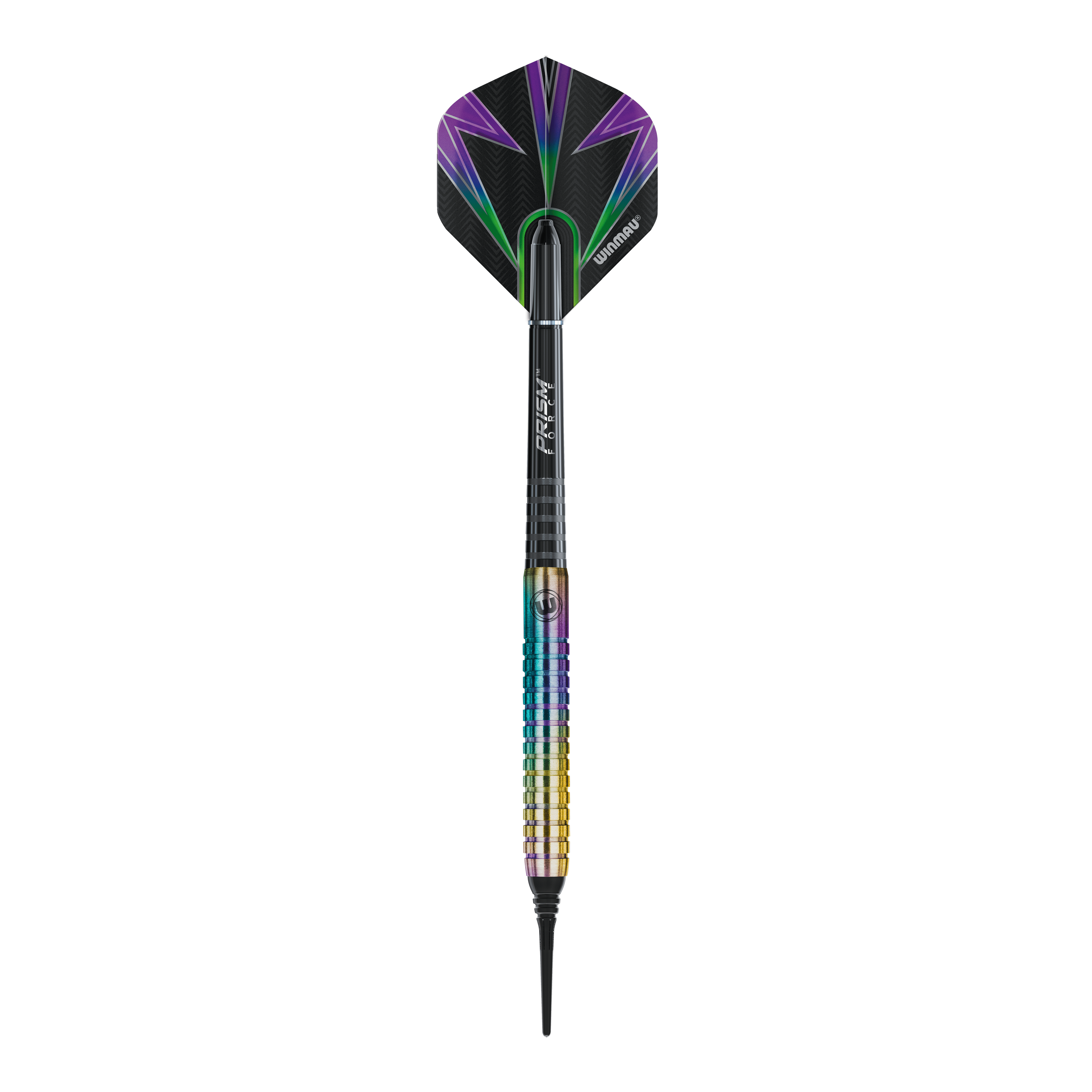 Winmau Foxfire Urban Soft Darts - 20g Das Bild zeigt den Winmau Foxfire Urban Softdart mit einem Gewicht von 20g. Der Dartpfeil hat ein farbenfrohes Design mit schwarzen, lila und grünen Akzenten.