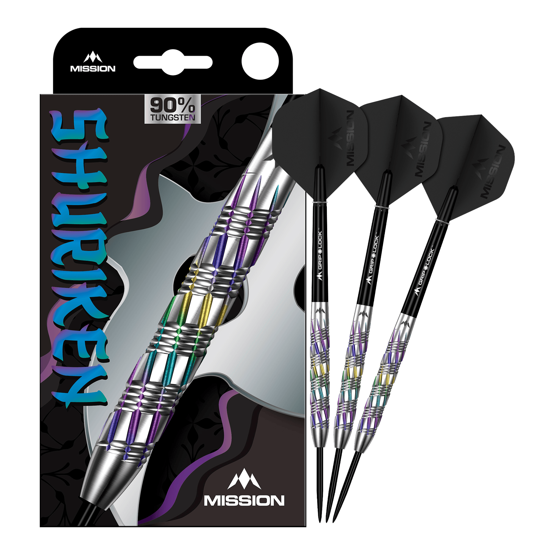 Mission Shuriken Steeldarts sind professionelle Steeldarts. Das Bild zeigt das vollständige Set der Mission Shuriken Steeldarts.