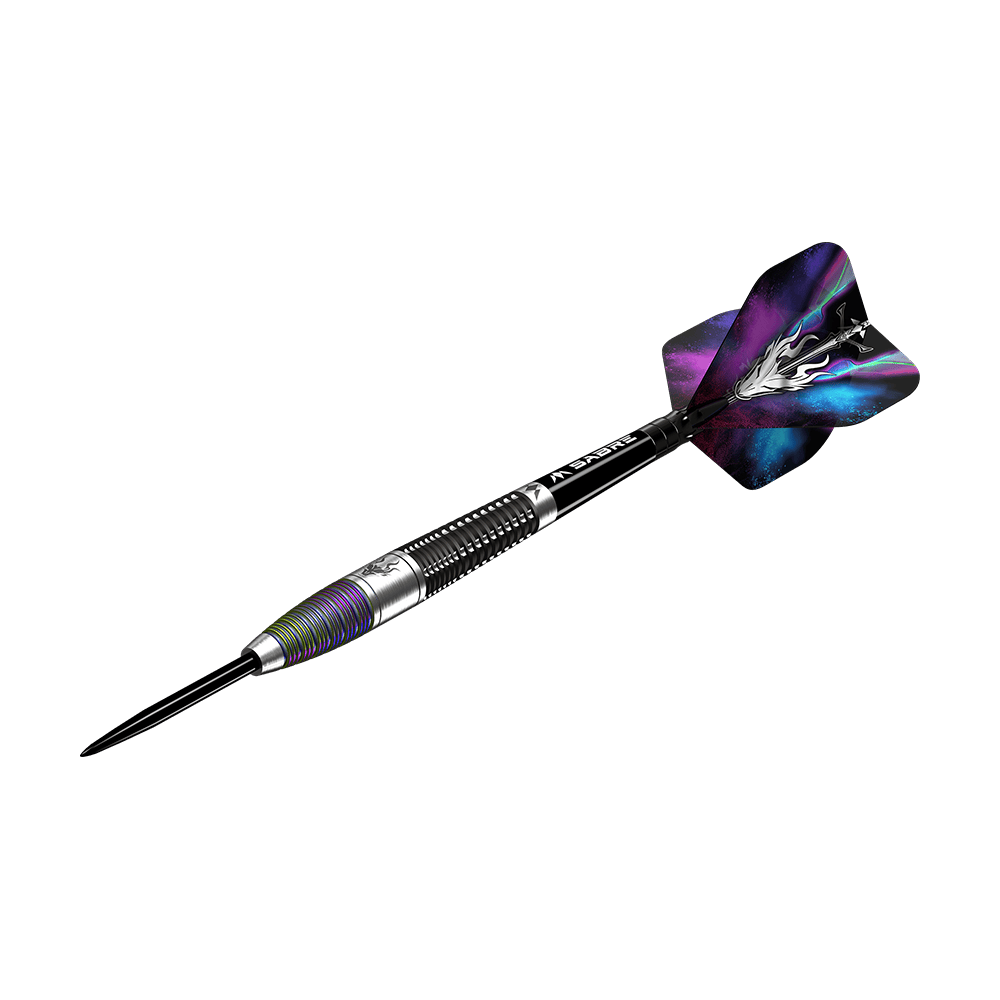M001317_Mission_Occult_Steeldarts_4 Dies ist der Mission Occult Steeldart mit einem Gewicht von 23 Gramm. Er hat einen metallischen Schaft und bunte, dekorative Flights.