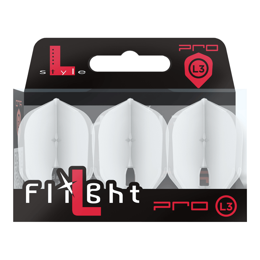 L-Style Champagne L3PRO Shape Flights Die Abbildung zeigt eine Packung mit drei weißen Dartflights der Marke L-Style. Die Verpackung ist schwarz und transparent und trägt die Aufschrift "Flight Pro L3".