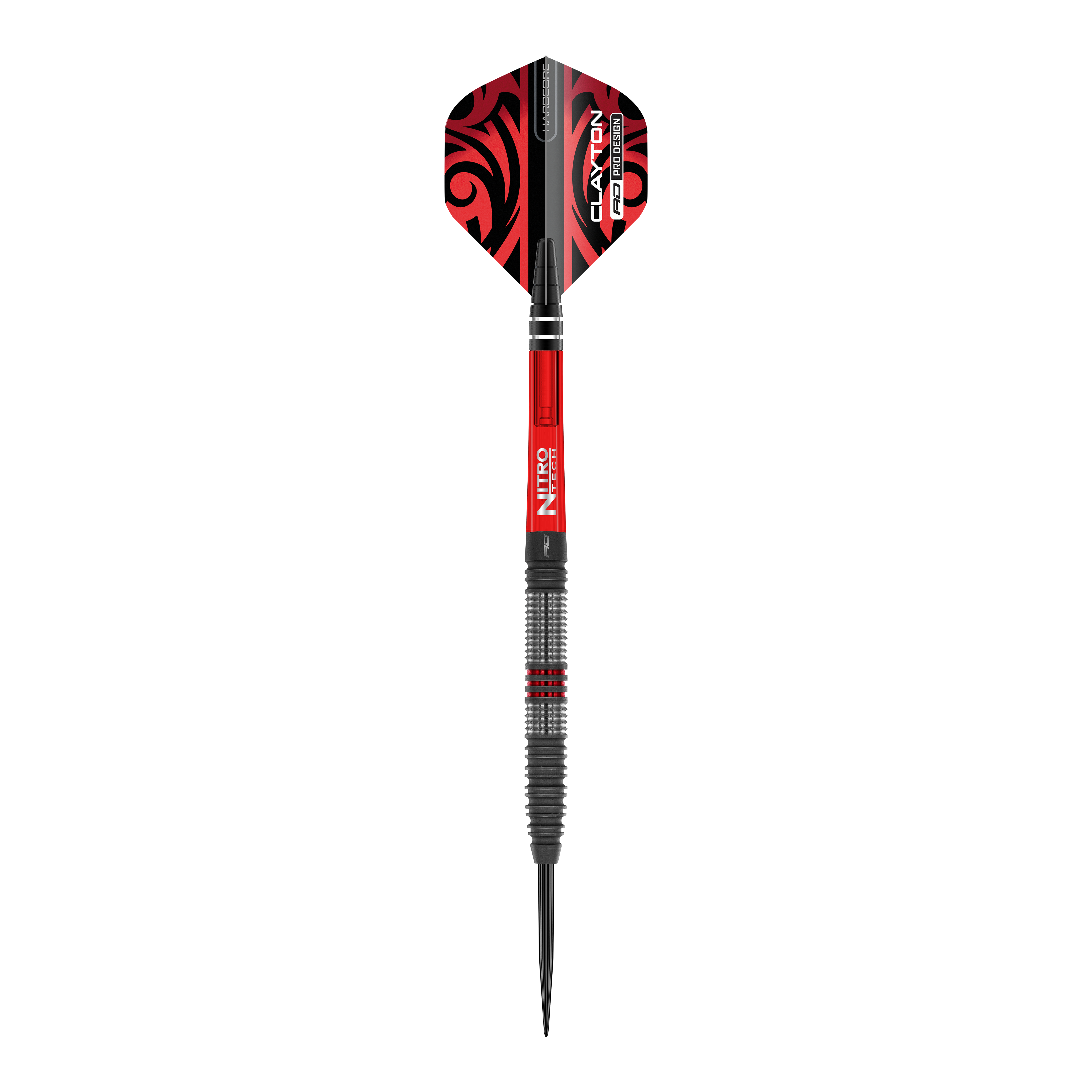 Red Dragon Jonny Clayton Hiraeth stalen dartpijlen Das Bild zeigt einen Red Dragon Jonny Clayton Hiraeth Steeldart. Der Dart ist in Schwarz und Rot gehalten und hat auffällige Muster auf den Flights.