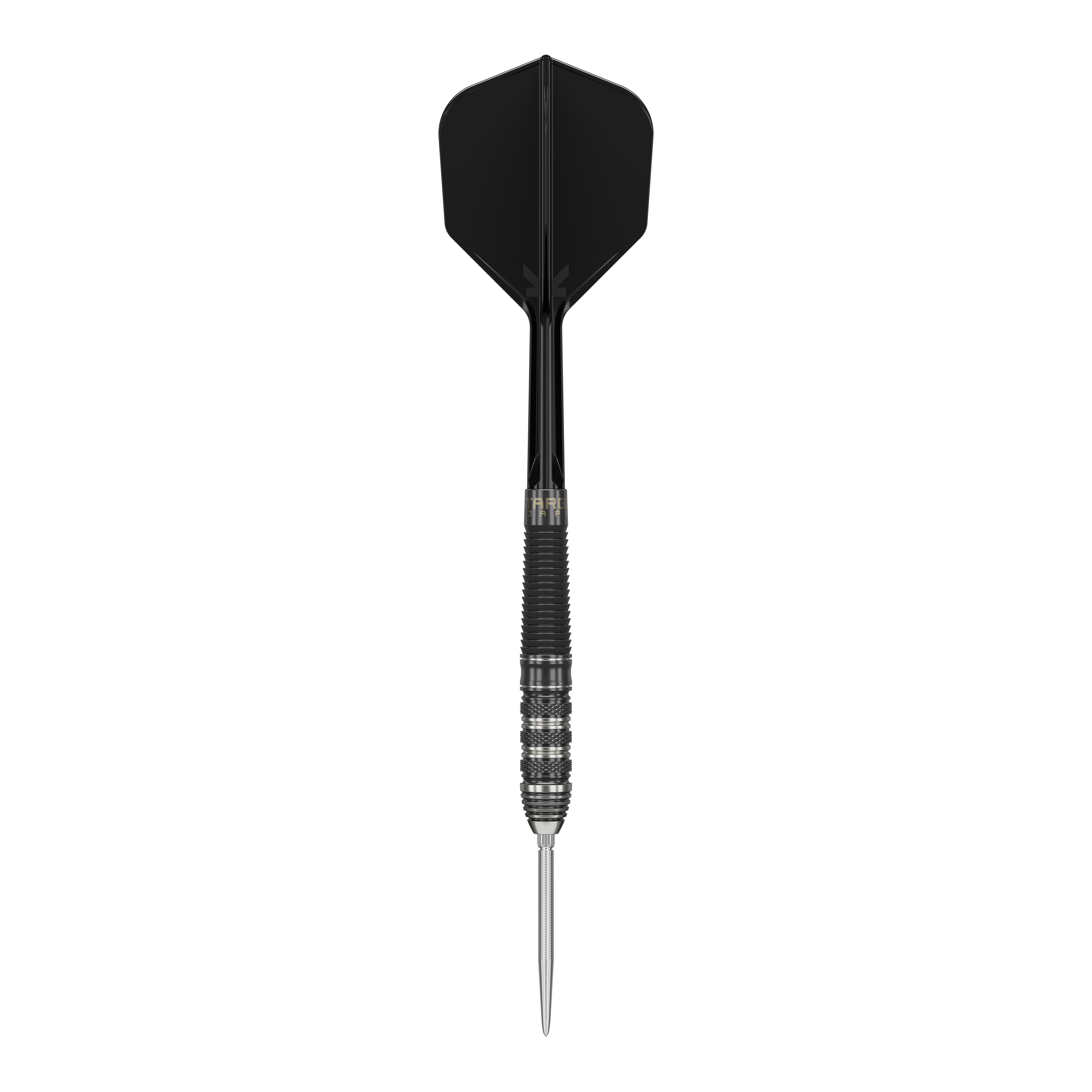 Target Japan Black Marque Armageddon GEN2 Swiss Point Steeldarts Das Bild zeigt einen Target Japan Black Marque Armageddon GEN2 Swiss Point Steeldart. Der Dartpfeil ist schwarz und silber mit einer scharfen Stahlspitze und einem schwarzen Flight.