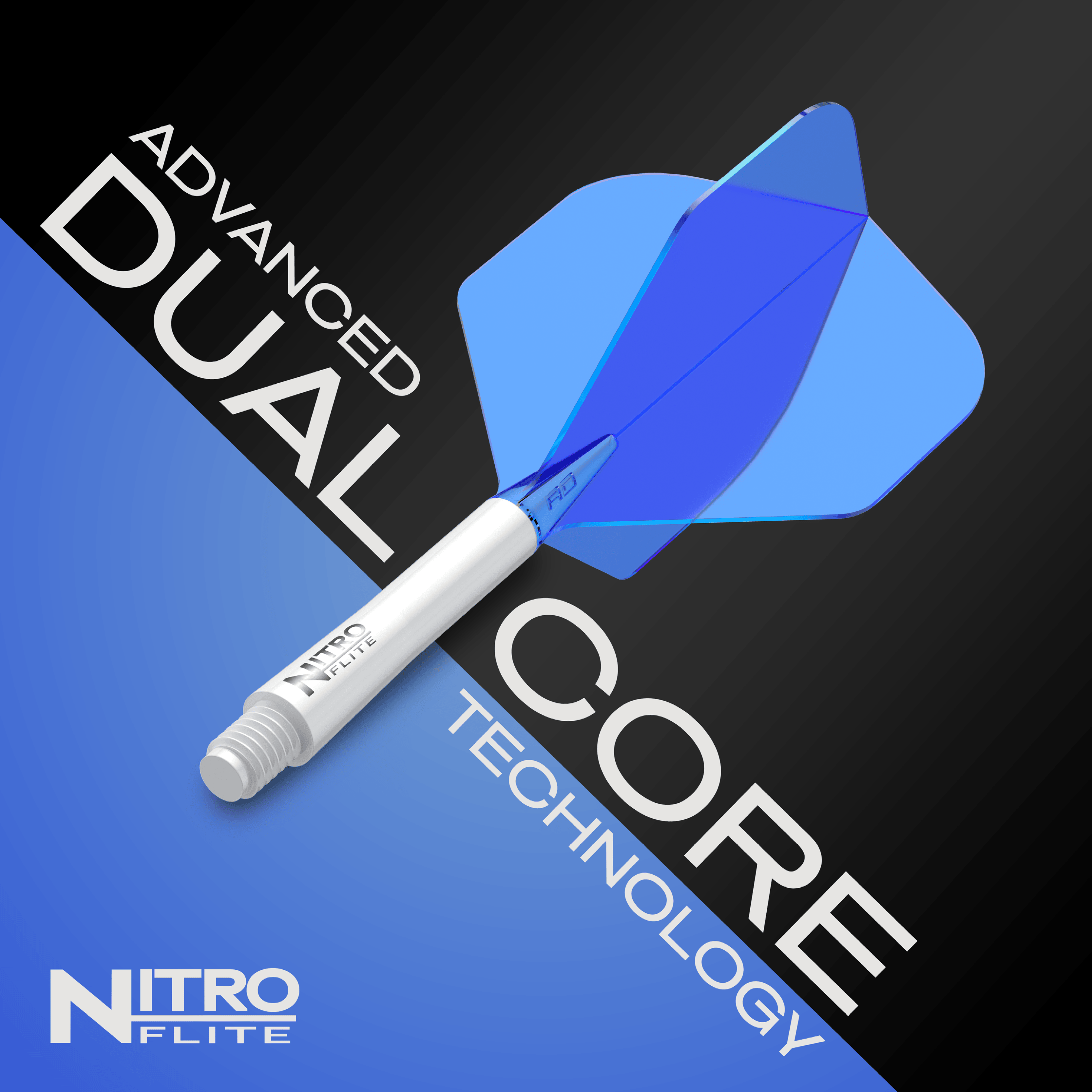 Red Dragon Nitroflite - Witte Schacht Blauwe No2 Vluchten Das Bild zeigt das Produkt "Red Dragon Nitroflite - White Shaft Blue No2 Flights" mit einem weißen Schaft und blauen Flügeln. Im Hintergrund steht „Advanced Dual Core Technology“ und das Nitroflite-Logo ist unten links zu sehen.