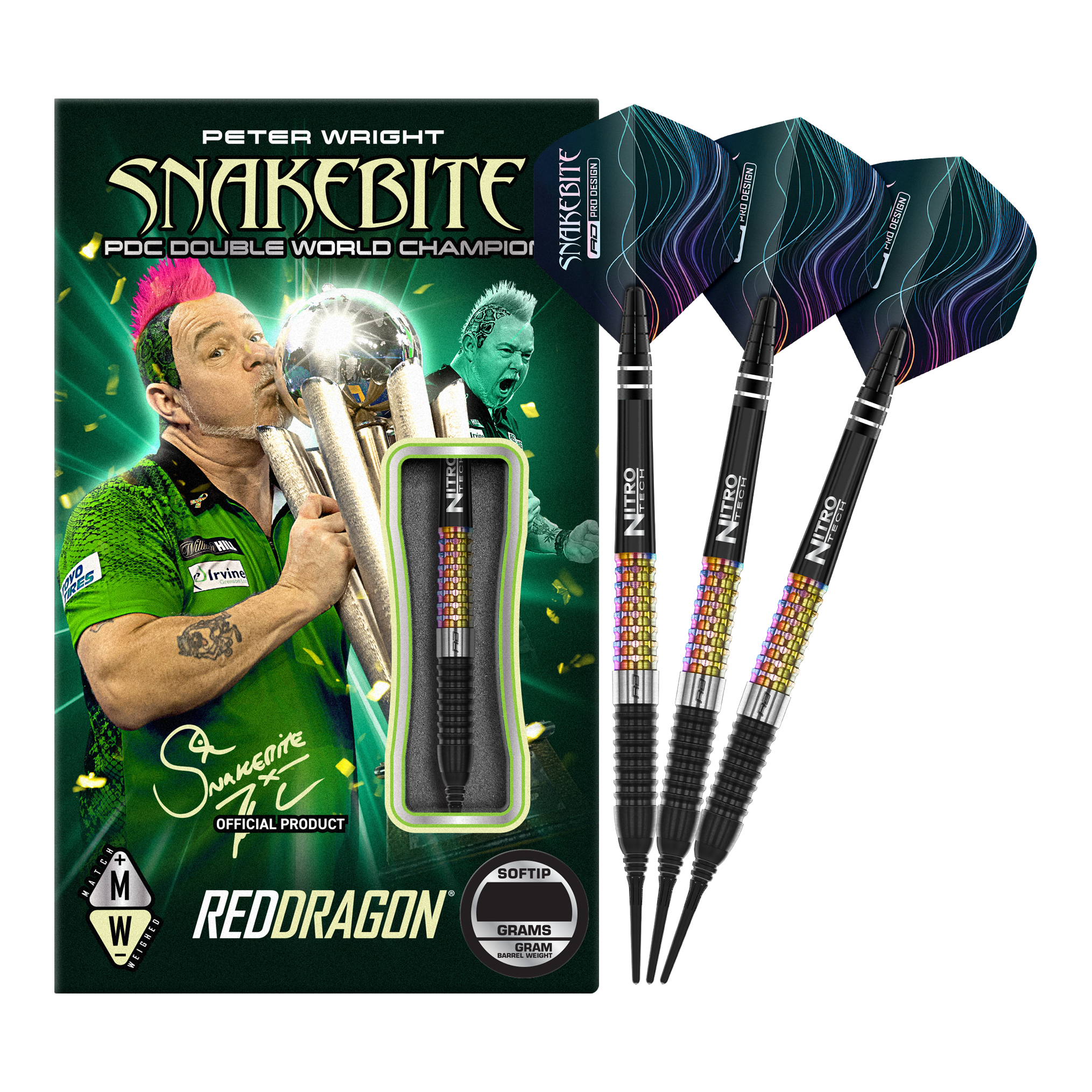 Red Dragon Peter Wright Corra Softdarts - 18g Das Bild zeigt das Produkt "Red Dragon Peter Wright Corra Softdarts - 18g" mit einer farbenfrohen Verpackung. Drei Softdarts mit buntem Griff und schwarzen Spitzen sind daneben abgebildet.