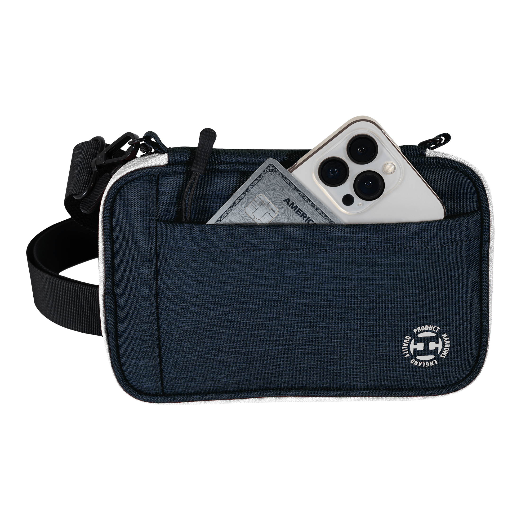 Harrows Smart Case XL dart portemonnee Eine blaue Tasche mit Vorderfach enthält ein Smartphone und eine Kreditkarte. Am unteren Rand der Tasche befindet sich ein rundes weißes Logo.