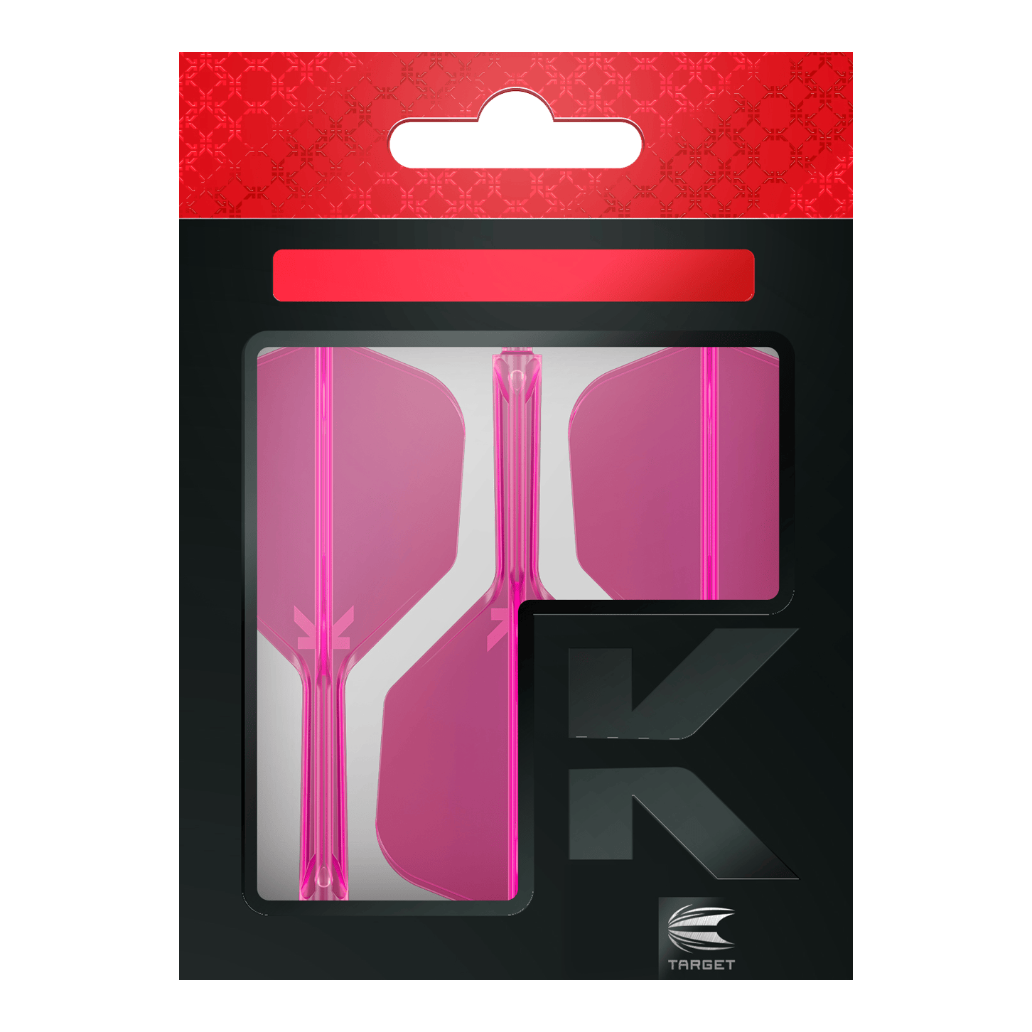 Target K-Flex No6 Vluchtsysteem - Neon Roze Auf dem Bild ist eine Verpackung mit drei pinken Dartflights zu sehen. Die Verpackung ist schwarz mit einem roten oberen Rand und dem Markenlogo "Target" unten rechts.