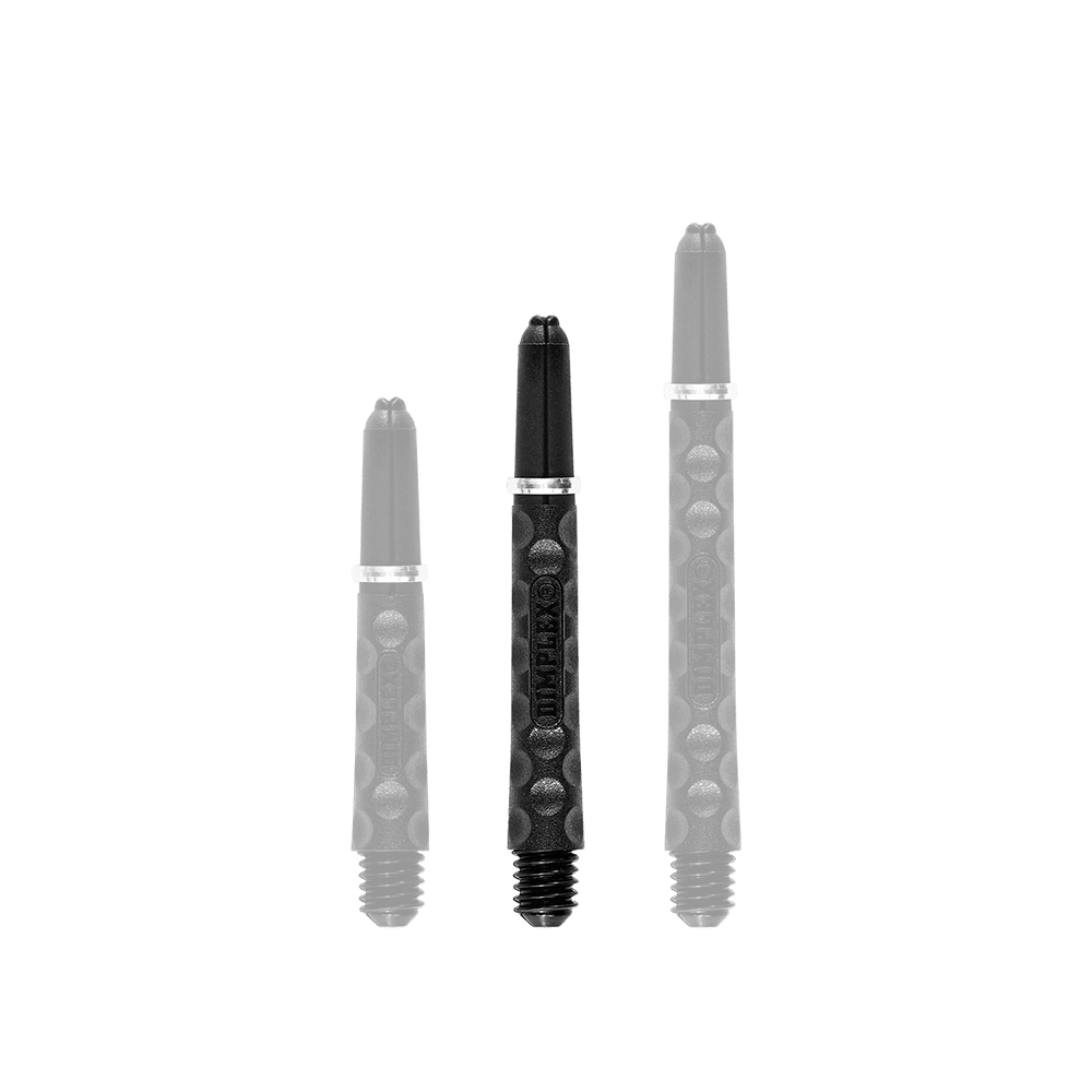 Harrows Dimplex Shafts - Schwarz Auf dem Bild sind drei schwarze Dartschäfte in unterschiedlichen Längen zu sehen. Sie haben eine strukturierte Oberfläche mit runden Vertiefungen und einen silbernen Ring.