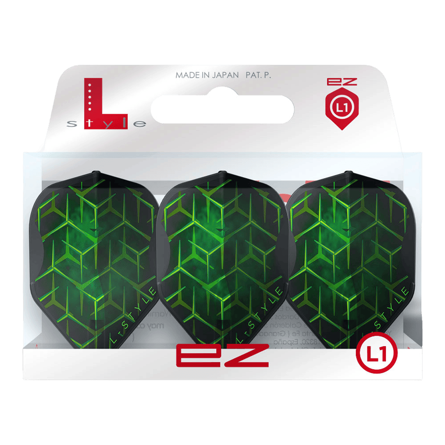 Zwei L-Style Lukas Wenig V1 Black L1EZ Flights liegen nebeneinander auf weißem Hintergrund. Die Flächen- und Kantengeometrie wird dargestellt.