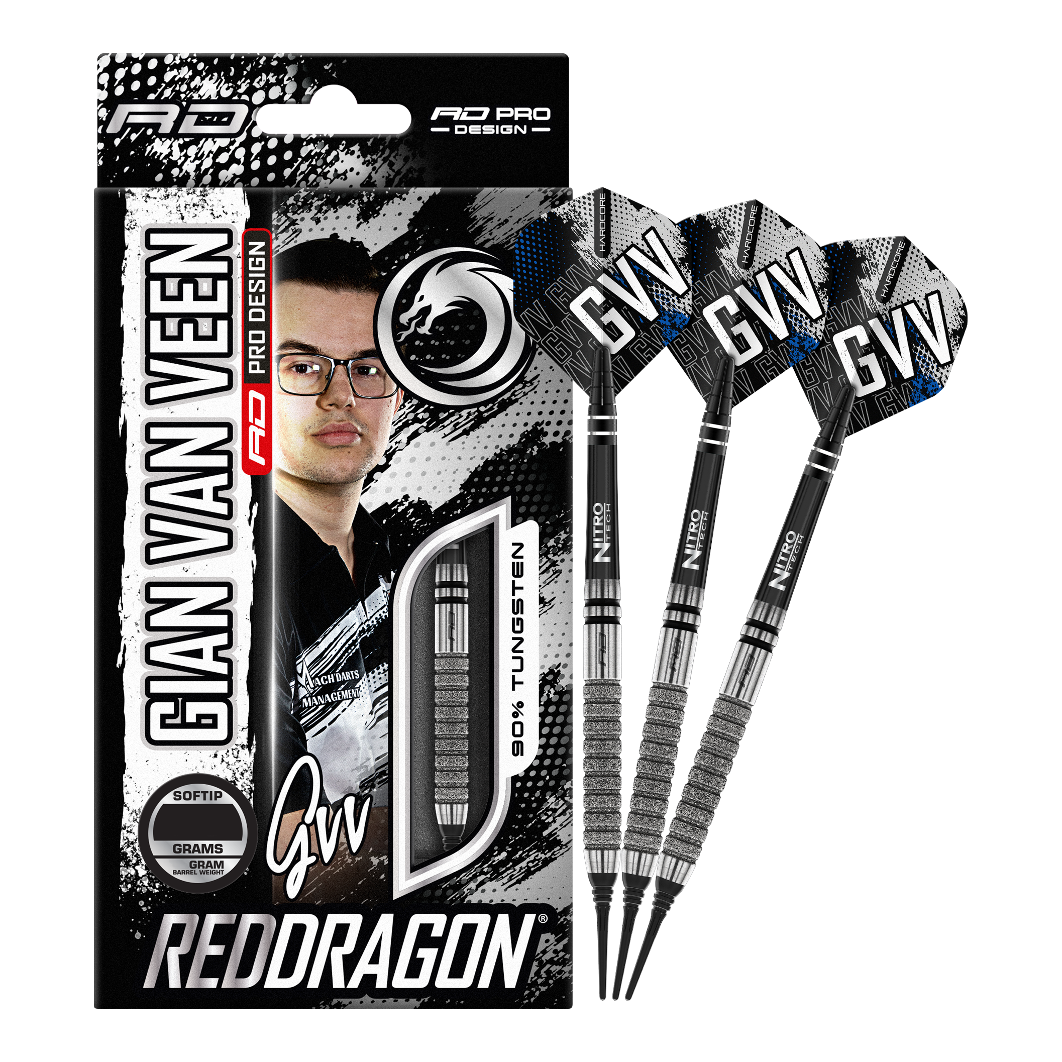 Red Dragon Gian Van Veen Tour Edition Softdarts - 20g Das Bild zeigt die "Red Dragon Gian Van Veen Tour Edition Softdarts - 20g" mit Verpackung und drei Darts. Auf der Verpackung ist ein Porträt von Gian Van Veen sowie die Produktinformationen zu sehen.