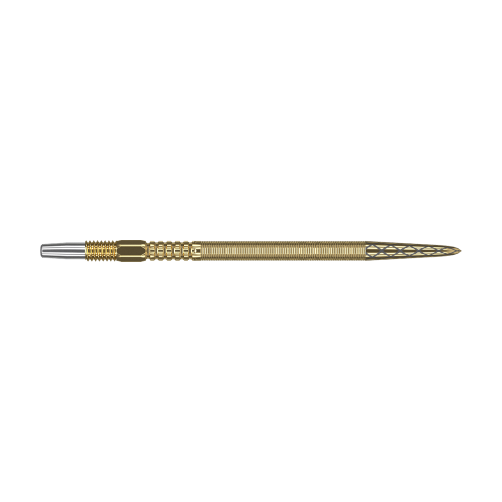 Target Swiss Point DX darttips - goud Das Bild zeigt eine goldene Dartspitze mit feinen Rillen und detailliertem Muster. Sie hat am Ende eine silberne Metallspitze.