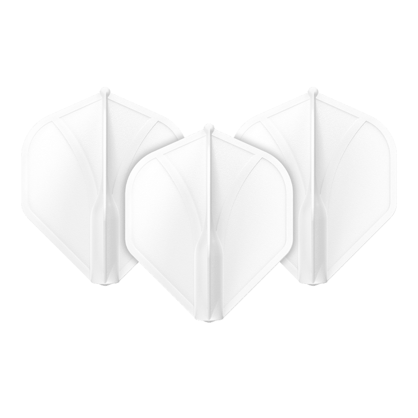 Shot Airfoil Molded No2 Standaard Vluchten Das Bild zeigt drei weiße Dart-Flights in einer Reihe. Sie haben eine geformte, stabile Struktur und sind identisch.