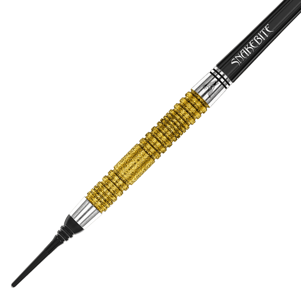 Red Dragon Peter Wright Dubbel Wereldkampioen SE Gold Plus Softdarts - 20g Das Bild zeigt einen goldfarbenen Softdartpfeil mit schwarzer Spitze und dem Schriftzug "Snakebite" auf dem Schaft. Es handelt sich um das Modell "Red Dragon Peter Wright Double World Champion SE Gold Plus Softdarts - 20g".
