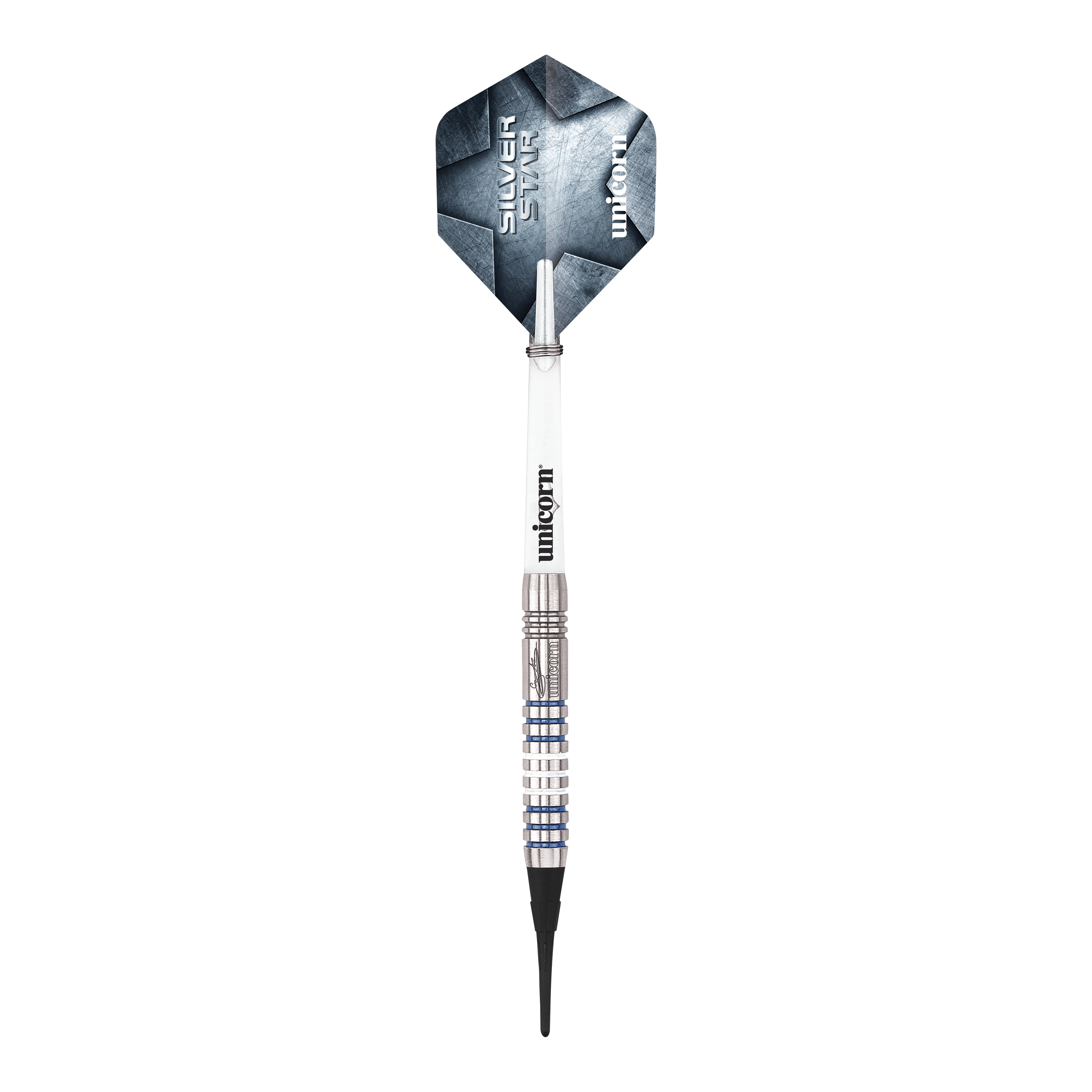 Unicorn Silver Star Var.3 Gary Anderson softdarts Hier sind die Unicorn Silver Star Var.3 Gary Anderson Softdarts zu sehen. Die silbernen Dartpfeile sind detailliert abgebildet.