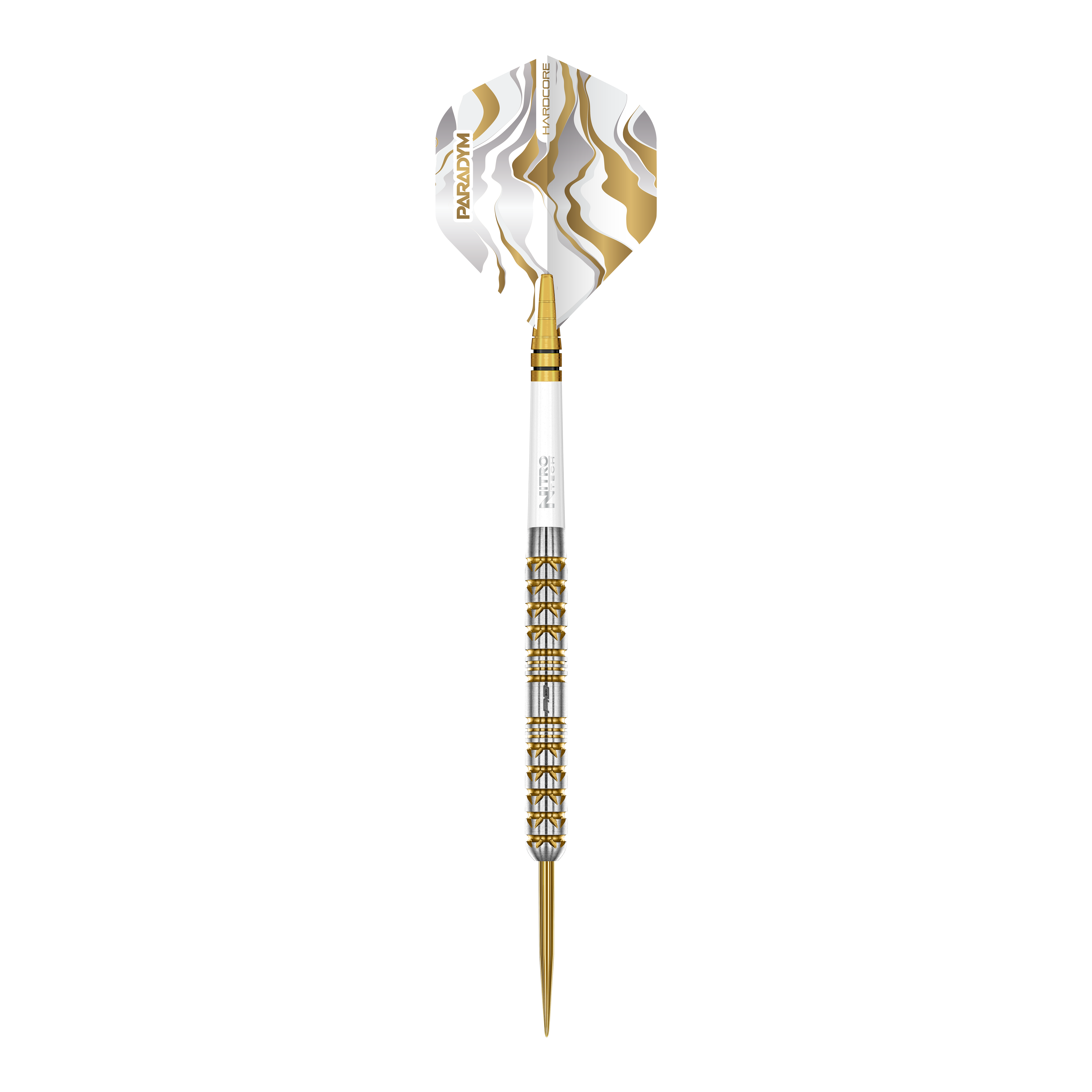 Auf dem Bild sind die Red Dragon Paradym Gold Parallel Steeldarts zu sehen. Diese Steeldarts zeichnen sich durch ihr paralleles Design und goldene Akzente aus.