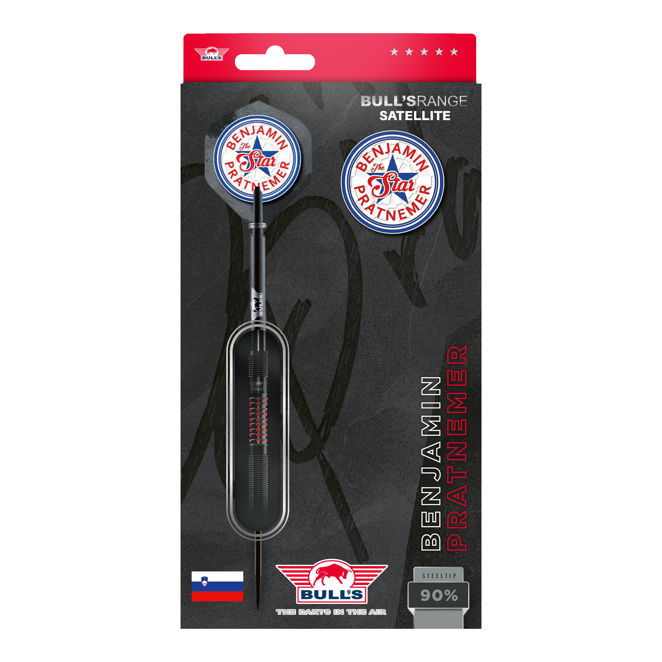 Das Bild zeigt die Verpackung der "Bulls NL Benjamin Pratnemer Steeldarts - 20g". Auf der Verpackung sind ein Dartpfeil, Ersatzflights und der Name Benjamin Pratnemer abgebildet.