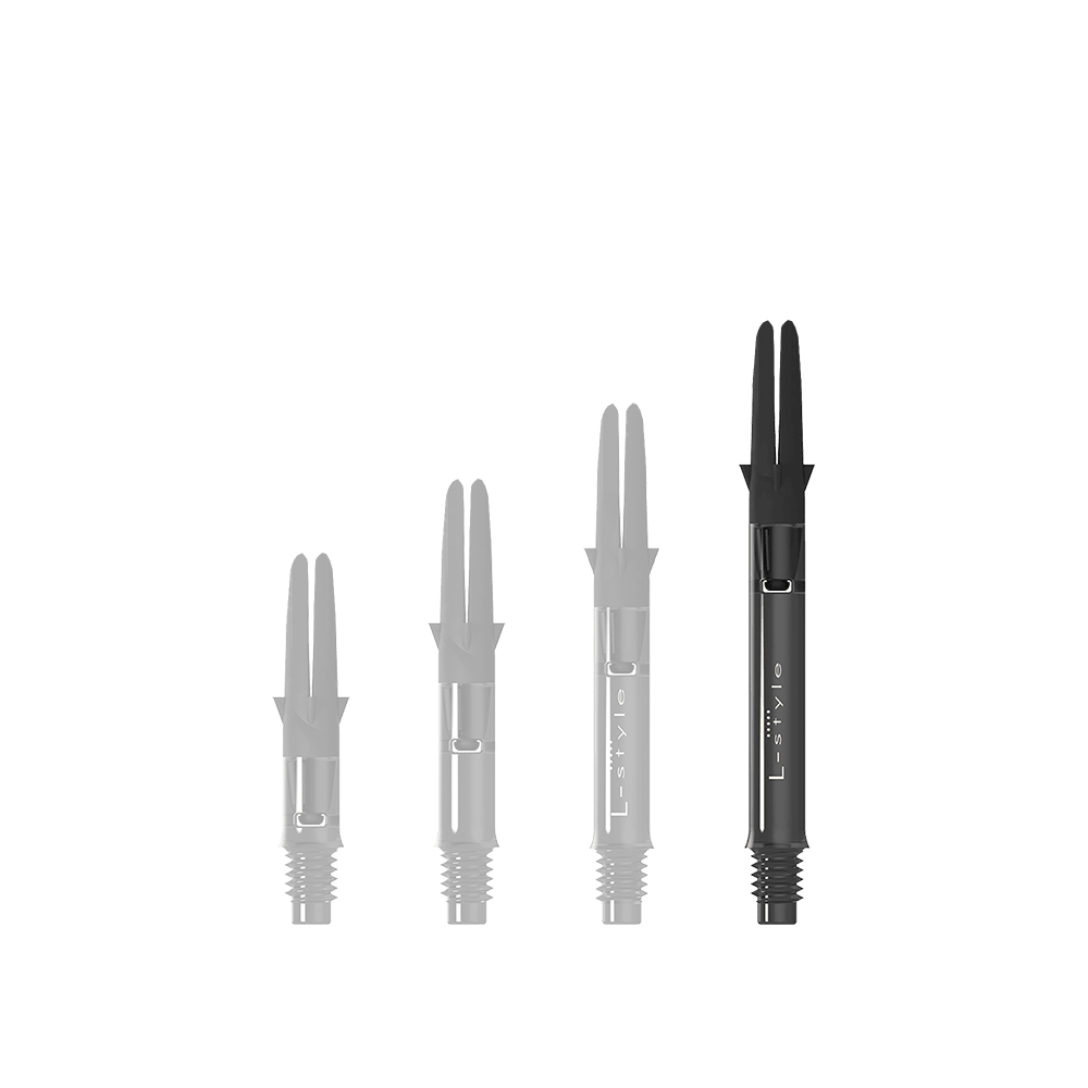 L-L-Style-Shaft Carbon Silent Straight - Zwart Auf dem Bild sind drei schwarze Dartschäfte aus Carbon in unterschiedlichen Längen zu sehen. Sie stehen aufrecht nebeneinander auf weißem Hintergrund.