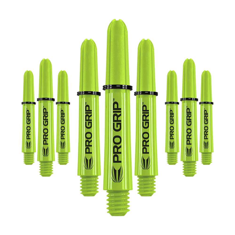 Target Pro Grip Shafts - 3 sets - Limoengroen Auf dem Bild sind mehrere limegrüne Pro Grip Dartschäfte zu sehen. Sie sind in drei Sets angeordnet und tragen die Aufschrift "PRO GRIP".