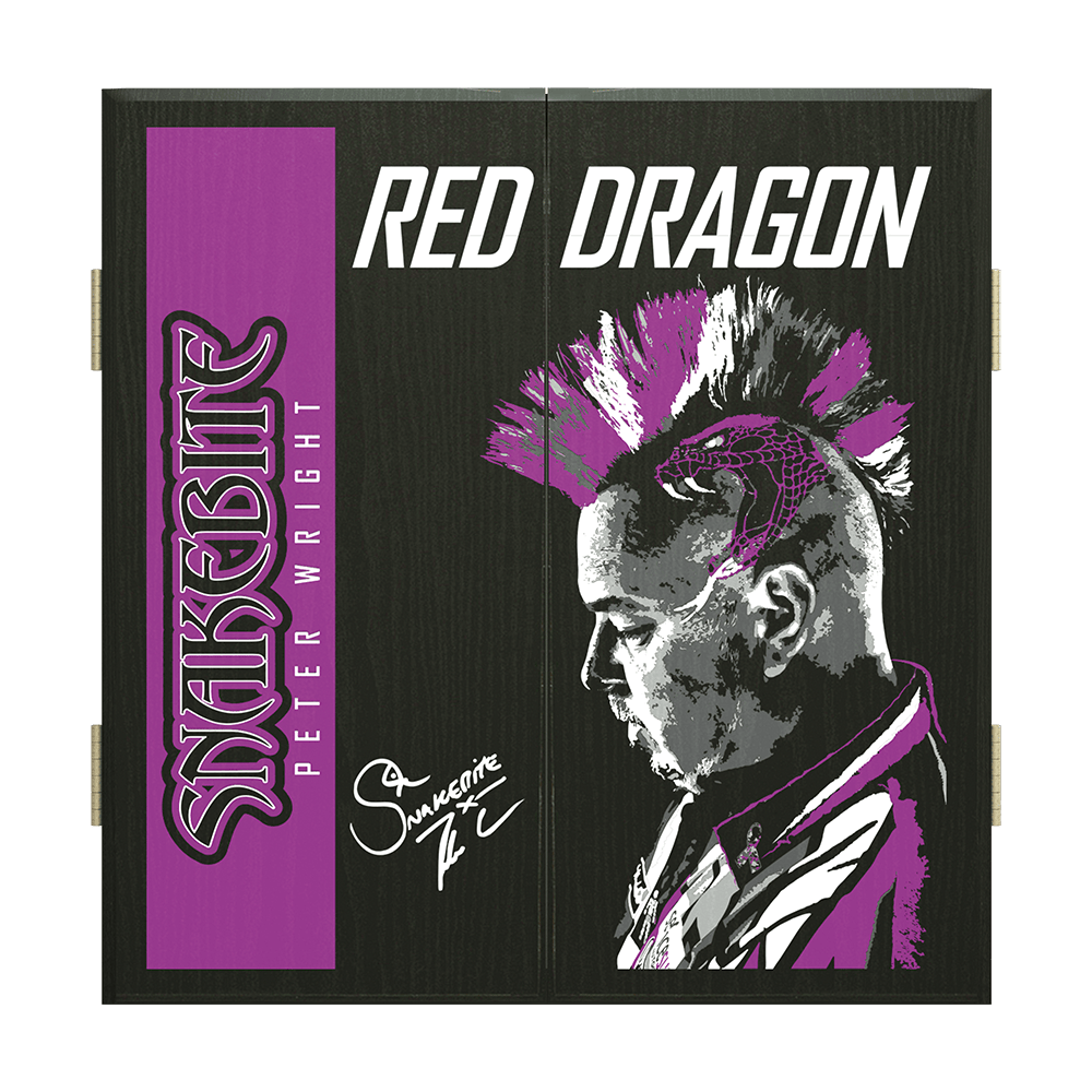 Z0169_Red_Dragon_Peter_Wright_Dartboard_Cabinet_1 Das Bild zeigt den "Red Dragon Peter Wright Dartboard Kabinet" mit einem markanten Porträt von Peter Wright und seiner typischen Frisur. Auf dem Schrank stehen die Wörter „Red Dragon“ und „Snakebite Peter Wright“ mit lila Akzenten.
