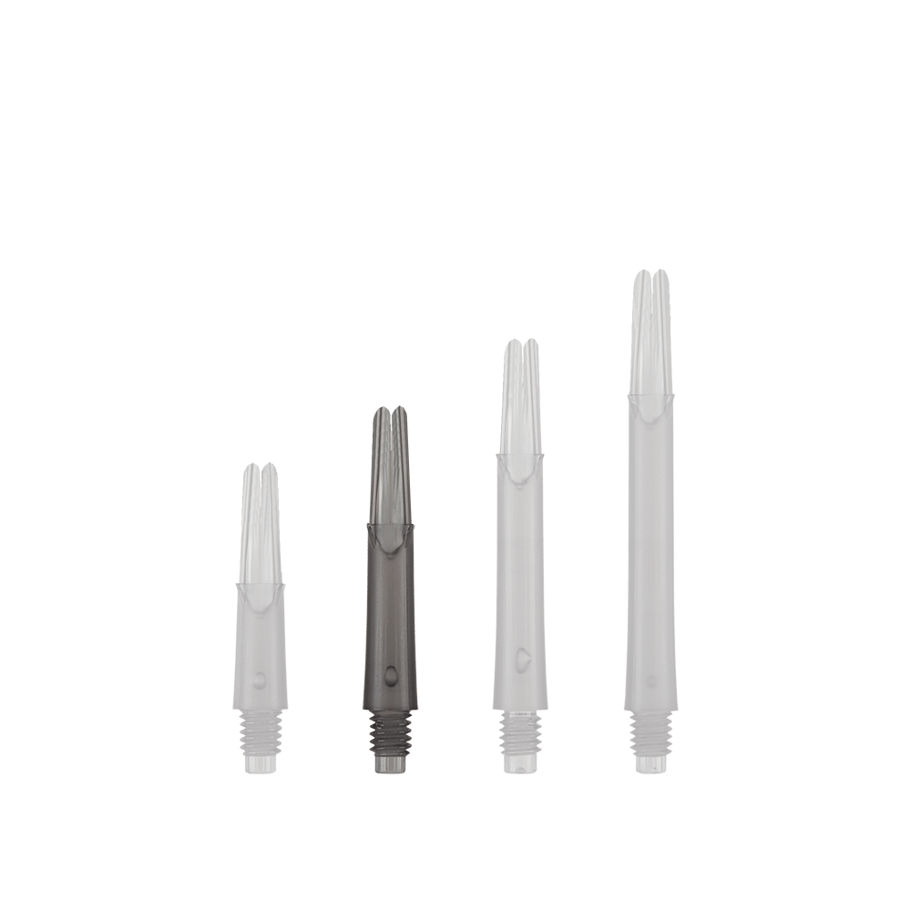 L-L-Style-Shafts Locked Straight - Clear Black Auf dem Bild sind vier transparente, schwarze Dartschäfte in verschiedenen Längen zu sehen. Sie stehen nebeneinander in einer Reihe aufrecht.