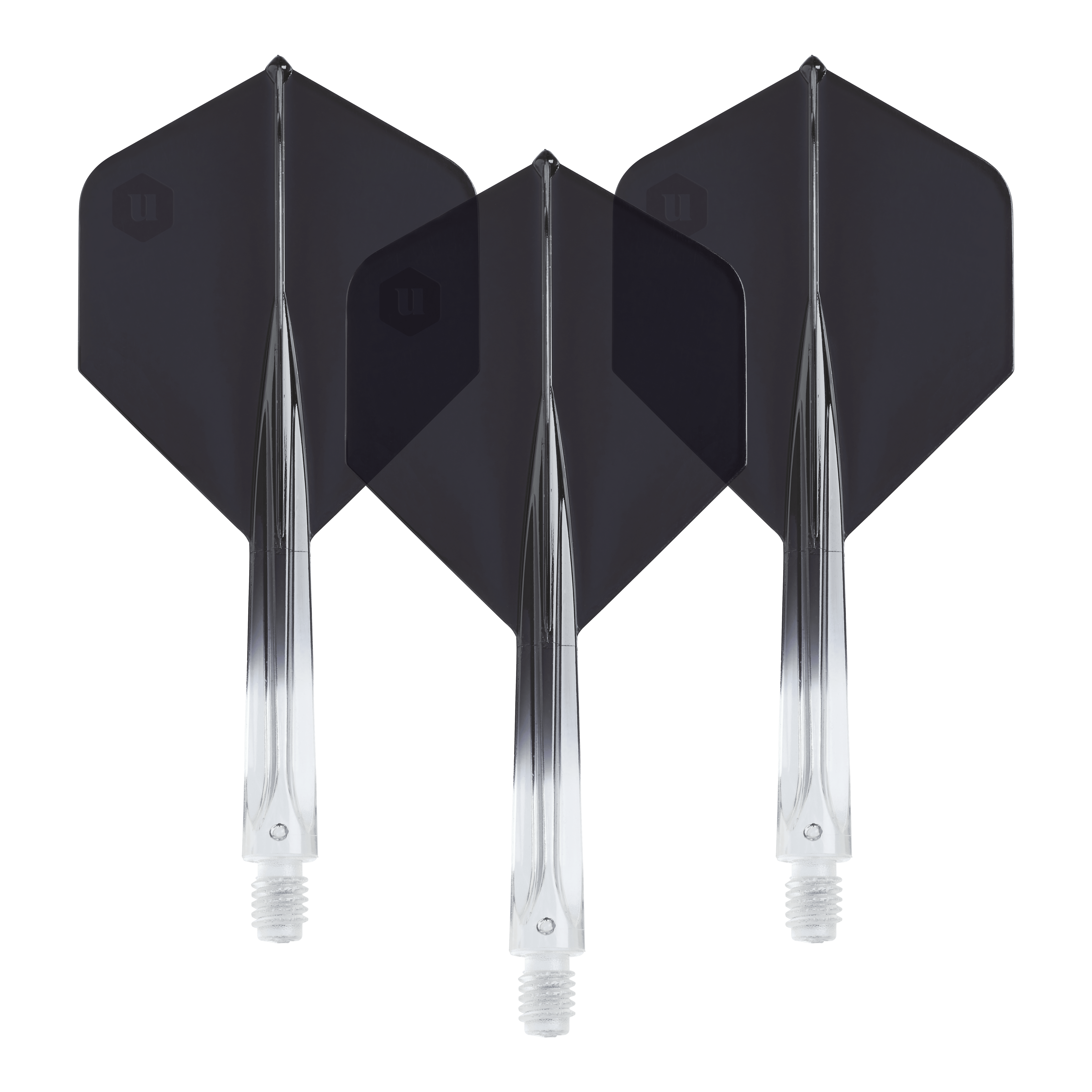 Unicorn Forge Two Tone No2 standaard flights - transparant zwart Die Unicorn Forge Two Tone No2 Standard Flights in Schwarz sind hier abgebildet. Das Produkt besteht aus klaren und schwarzen Dartflights.