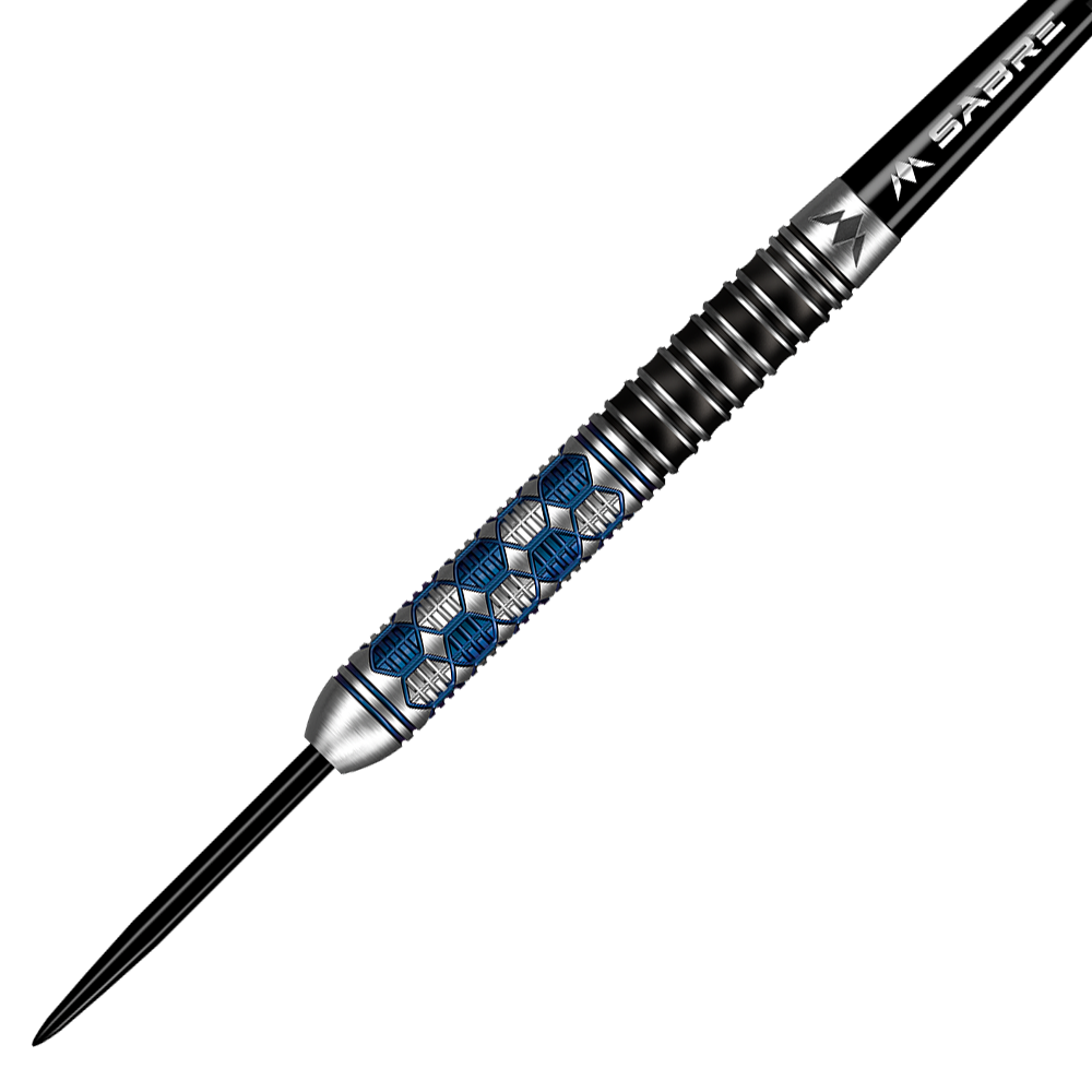 M001310_Mission_Hexon_Steeldarts_2 Das Bild zeigt einen Mission Hexon Steeldart mit einem Gewicht von 23 Gramm. Der Dart hat ein silbernes Design mit blauen Hexagon-Mustern auf dem Griffbereich.