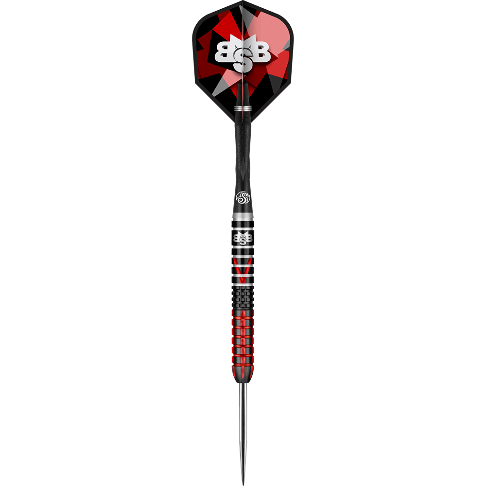 Shot Michael Smith Defiant Steeldarts Auf dem Bild ist ein Dartpfeil mit einer rot-schwarzen Farbgebung zu sehen. Der Flights trägt das weiße Logo "BBS" auf einem geometrischen Muster.