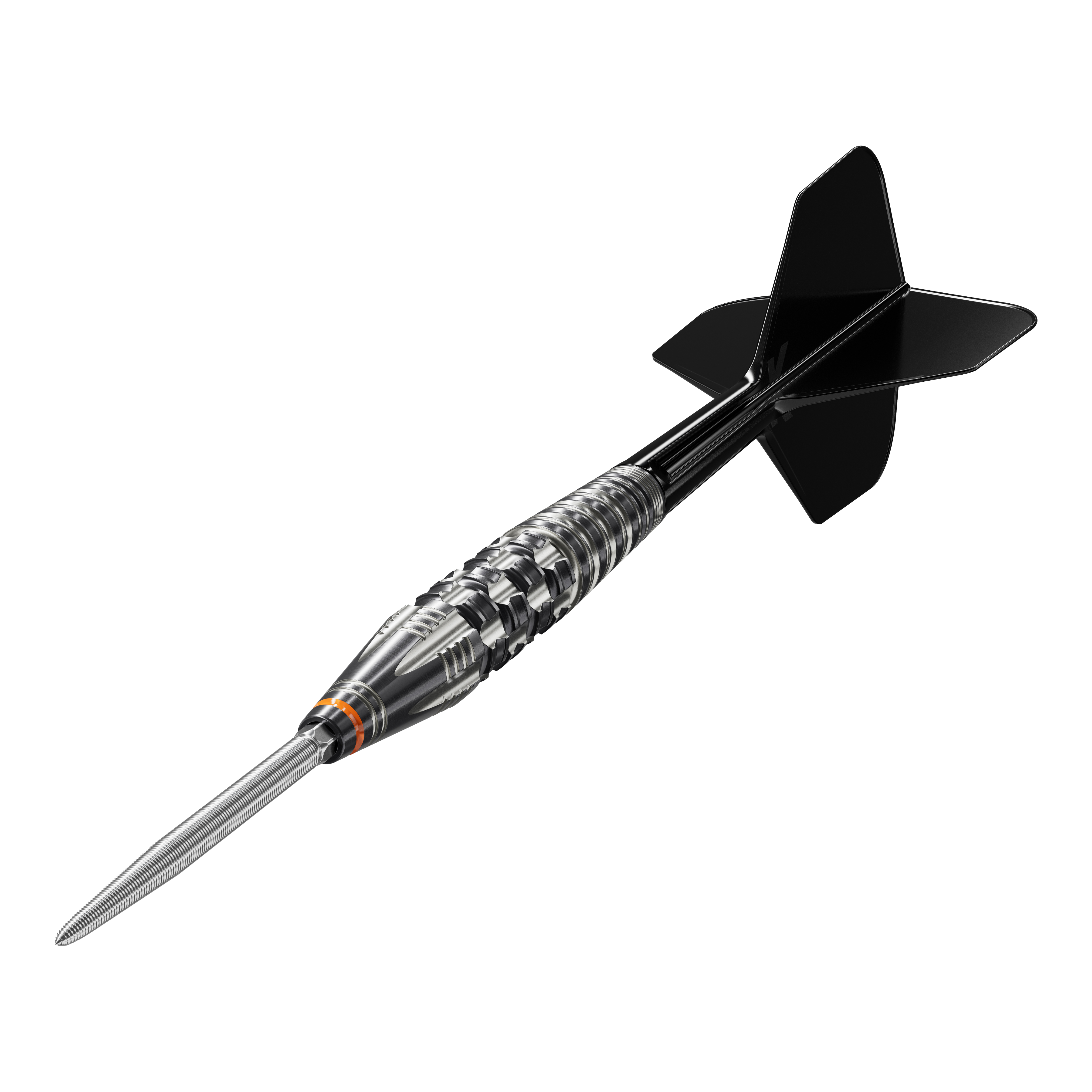 Target Japan Black Marque Dancing Duck GEN 4 stalen darts Das Bild zeigt einen Steeldartpfeil mit schwarzer Spitze und schwarzen Flights, genannt "Target Japan Black Marque Dancing Duck GEN 4 Steeldarts". Der Dartpfeil hat ein silbernes, glänzendes Griffstück mit feinen Rillen und Gravuren.