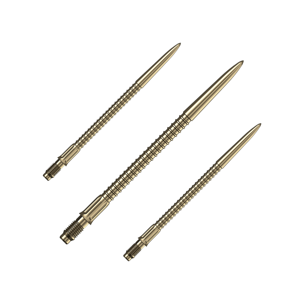 Mission R2.5 Rapid Point GV1 Dartpunten - Goud Das Bild zeigt ein Set goldener Dartspitzen Mission R25 Rapid Point mit einer Länge von 40mm. Die Spitzen liegen nebeneinander auf einer hellen Fläche.