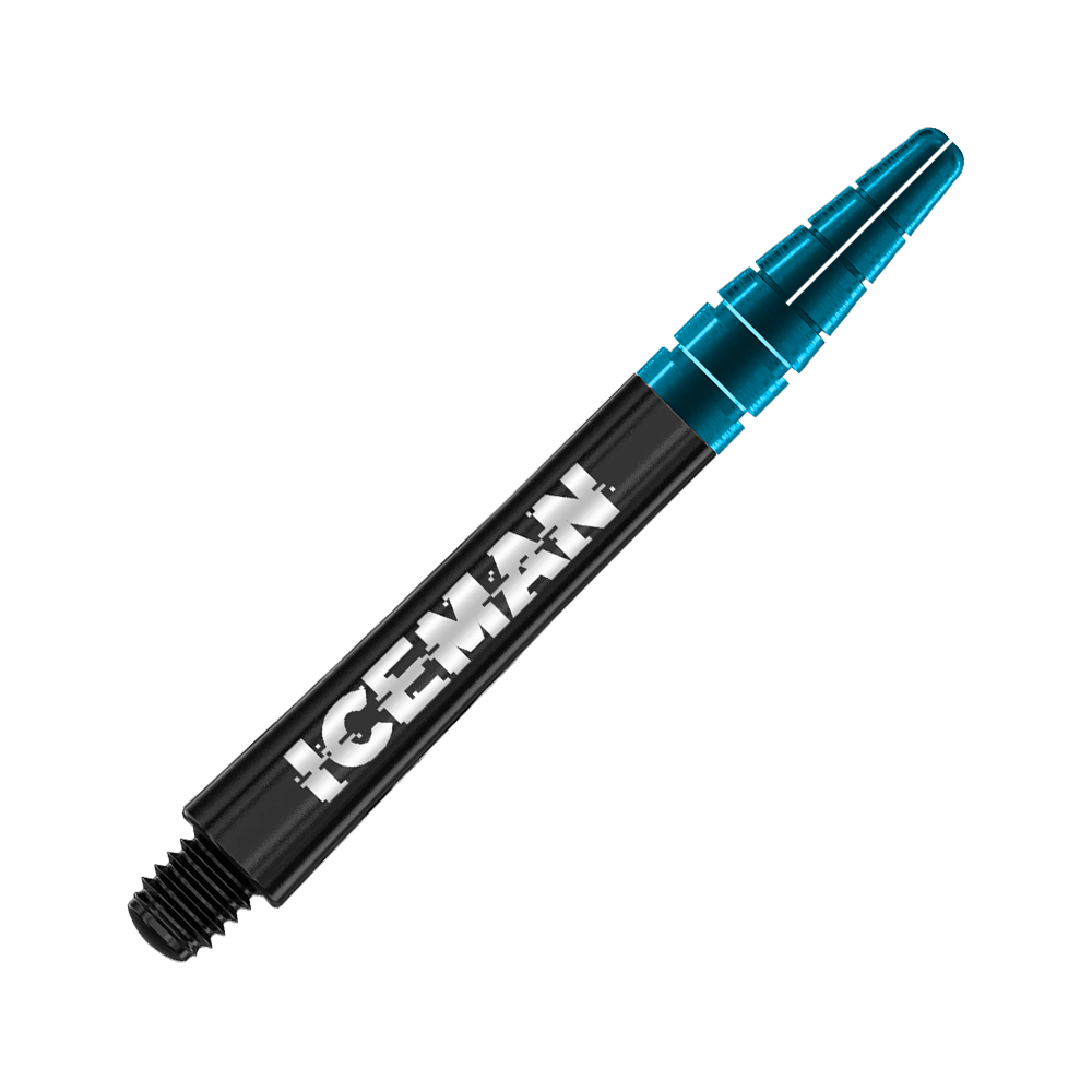 Das Bild zeigt einen schwarzen Dartshaft mit der Aufschrift „ICEMAN“. Das vordere Ende des Shafts ist transparent blau.