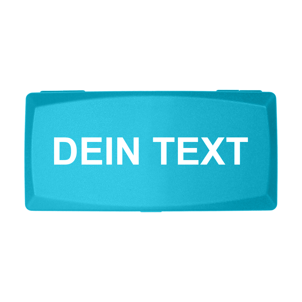 ABS-doos met eigen bedrukking Die Abbildung zeigt eine himmelblaue Box mit der Aufschrift "DEIN TEXT" in weißer Schrift. Die Box hat eine rechteckige Form und einen schlichten, modernen Look.
