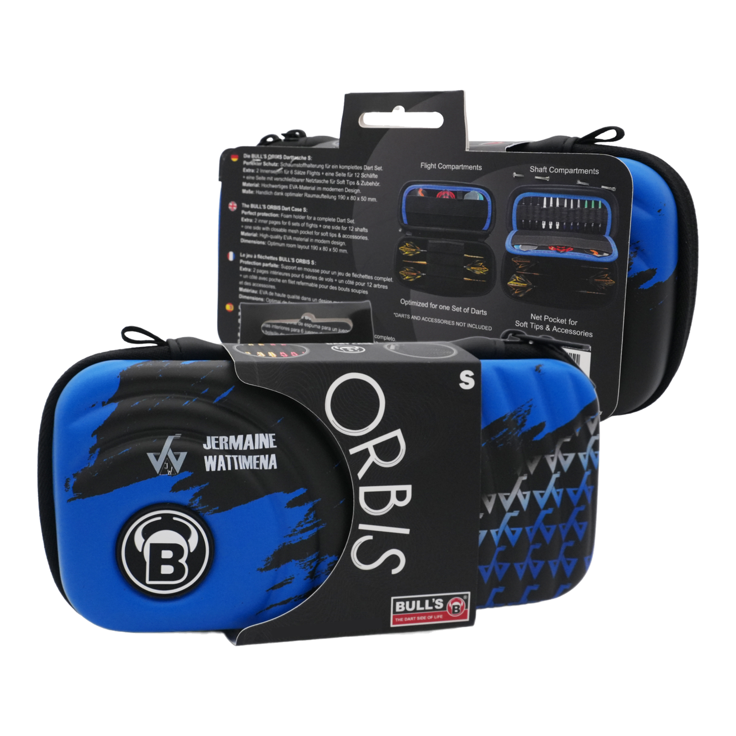Bulls Orbis S Jermaine Wattimena dartkoffer Das Bild zeigt das Produkt "Bulls Orbis S Jermaine Wattimena Dartcase" in blauer und schwarzer Farbe. Die Darttasche ist kompakt und eignet sich zum sicheren Aufbewahren von Dartzubehör.