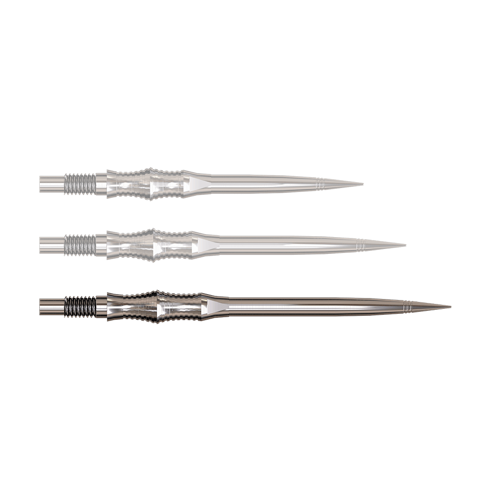Dartspitzen der Apex Spire Silver Elite Serie in 40mm werden gezeigt. Sie sind silbrig und glänzend.