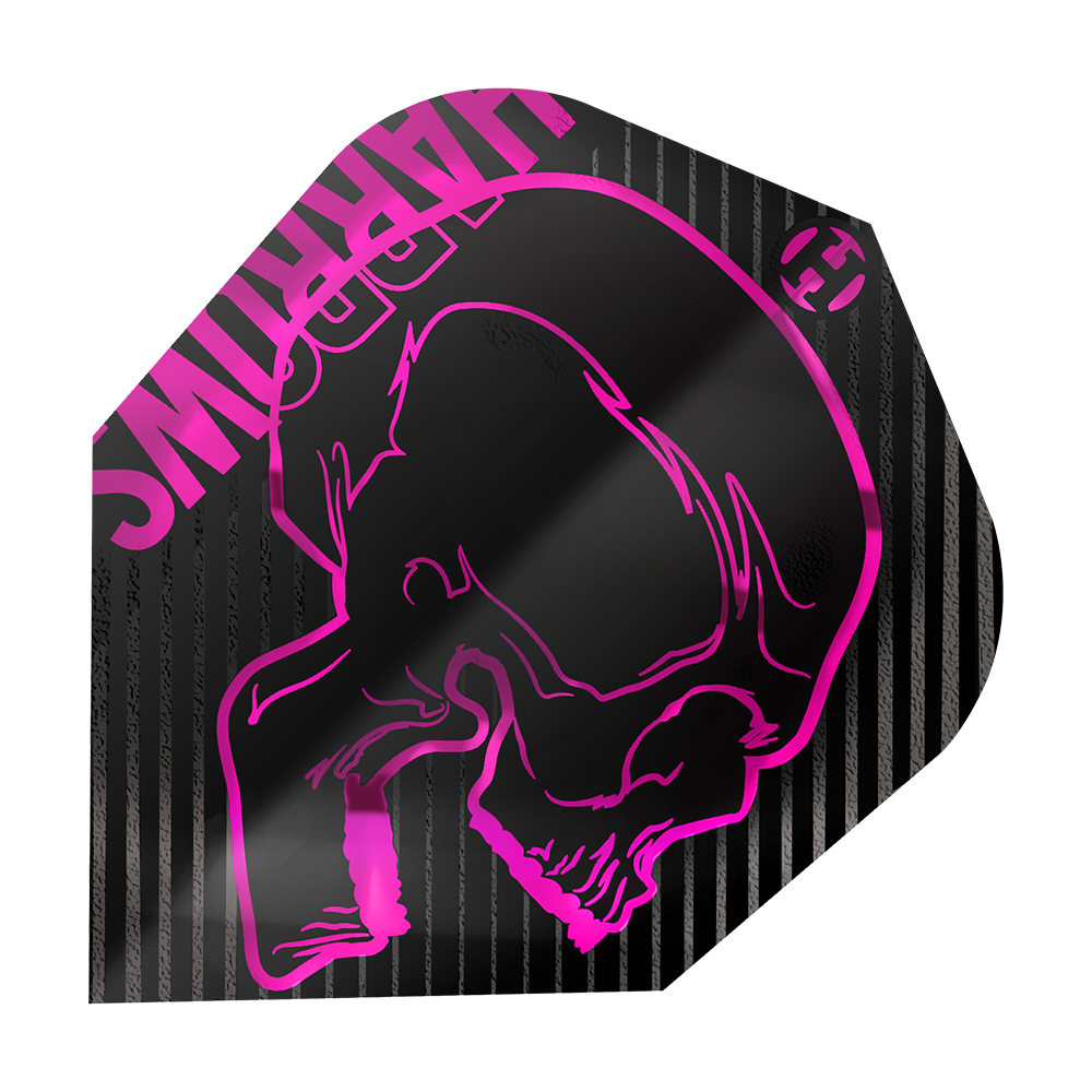 Harrows Rage Roze nr. 6 vluchten Das Bild zeigt das Produkt "Harrows Rage Pink No6 Flights". Es ist ein schwarzes Dartflight mit einem pinken Totenkopf und pinken Streifen.