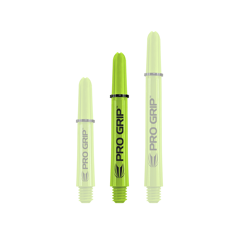 Target Pro Grip Shafts - 3 sets - Limoengroen Auf dem Bild sind drei limegrüne Pro Grip Dartschäfte in unterschiedlichen Längen zu sehen. Sie stehen nebeneinander und tragen alle den Schriftzug "PRO GRIP".